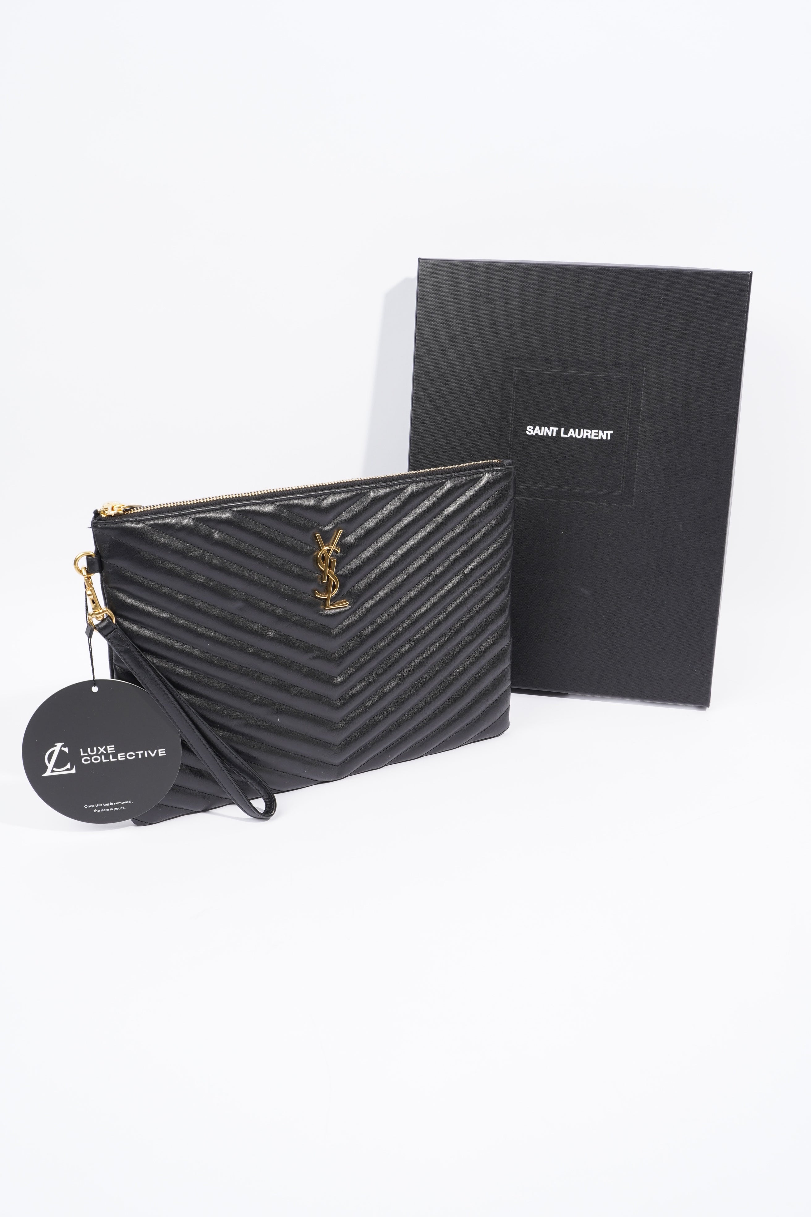 Saint Laurent Wristlet Pouch Black Matelasse Leather