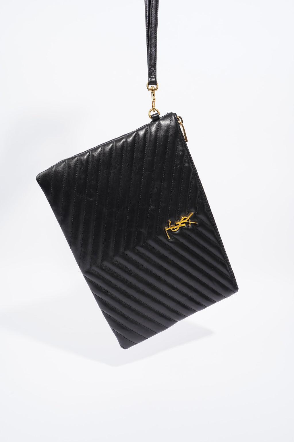 Saint Laurent Wristlet Pouch Black Matelasse Leather
