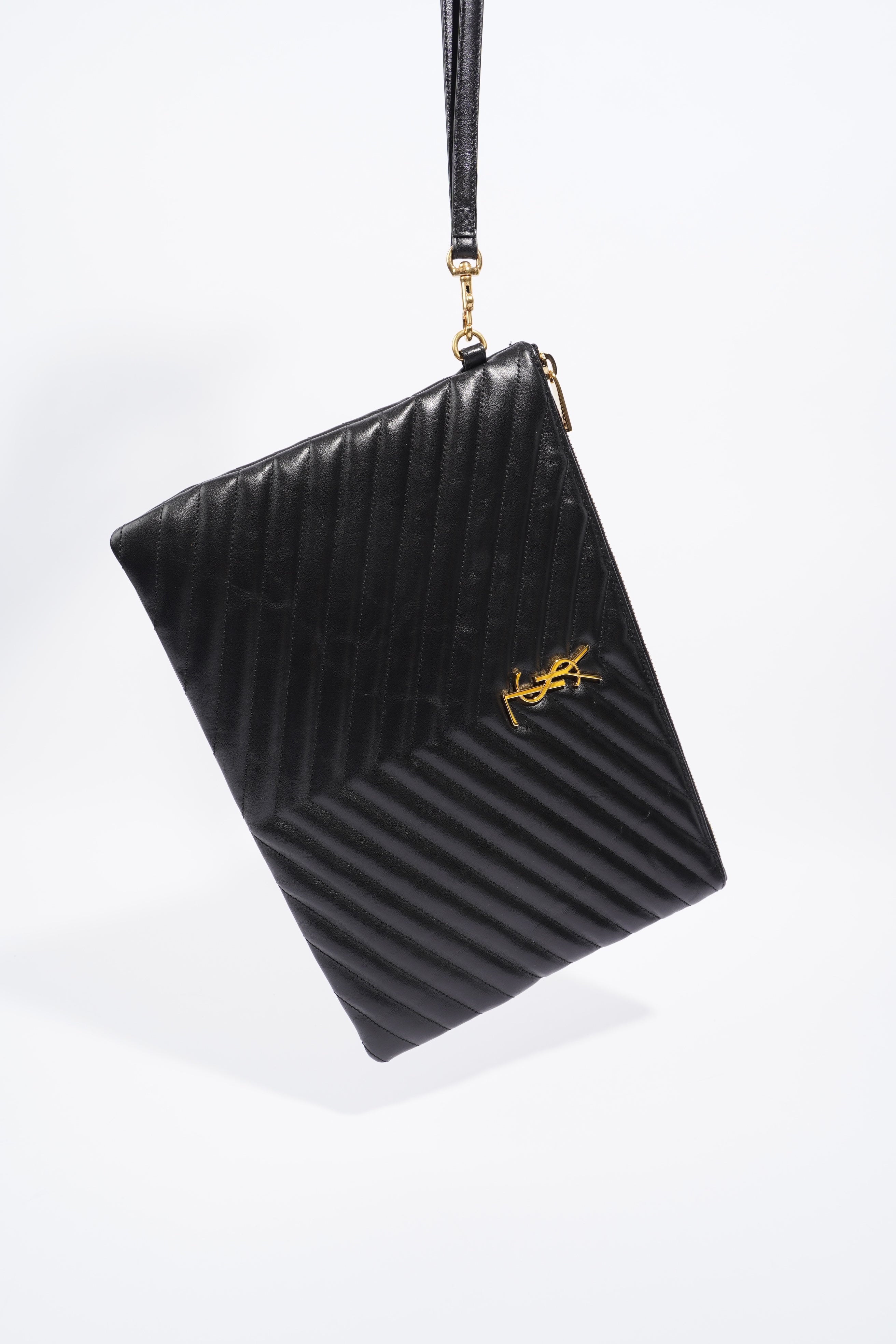 Saint Laurent Wristlet Pouch Black Matelasse Leather