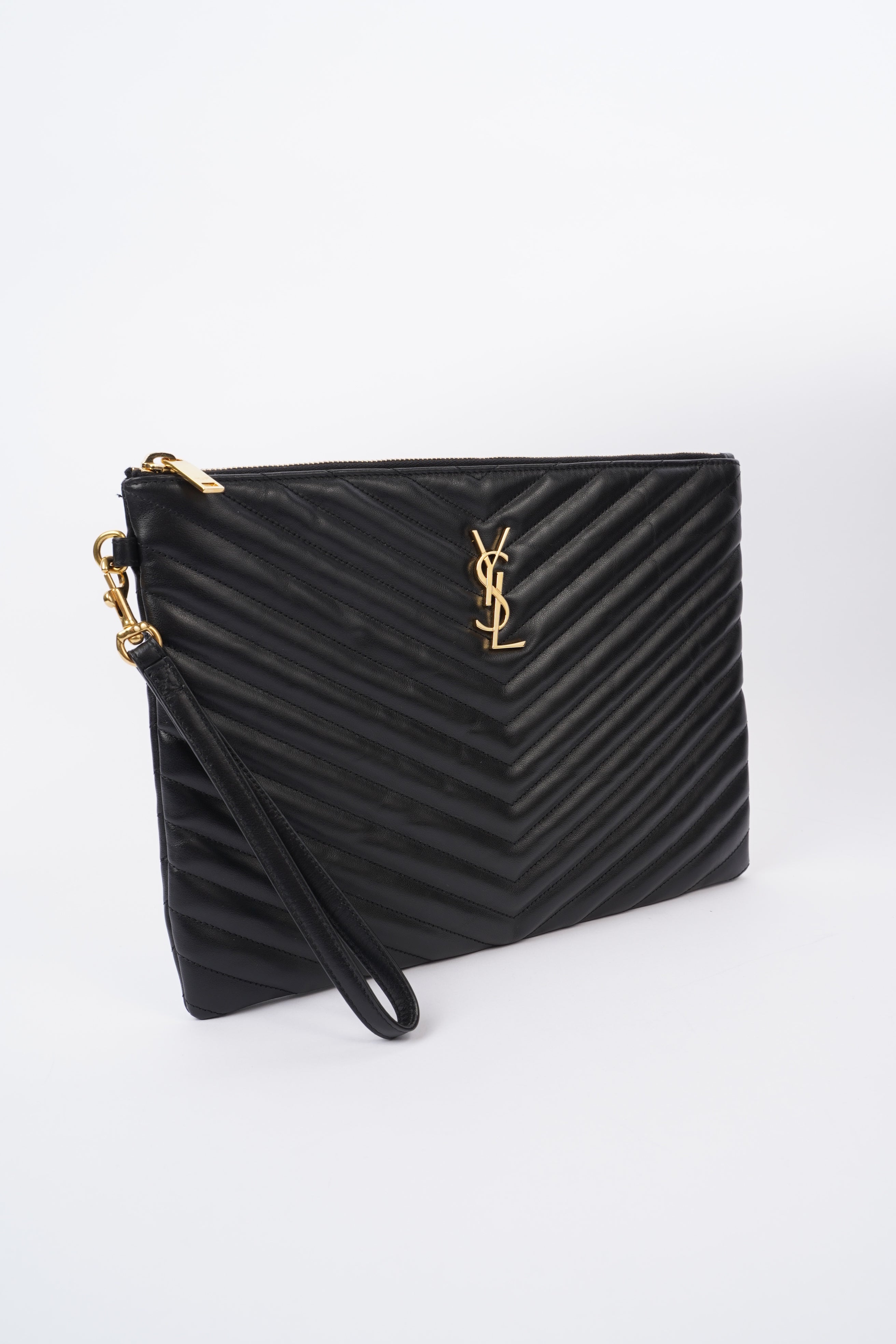 Saint Laurent Wristlet Pouch Black Matelasse Leather