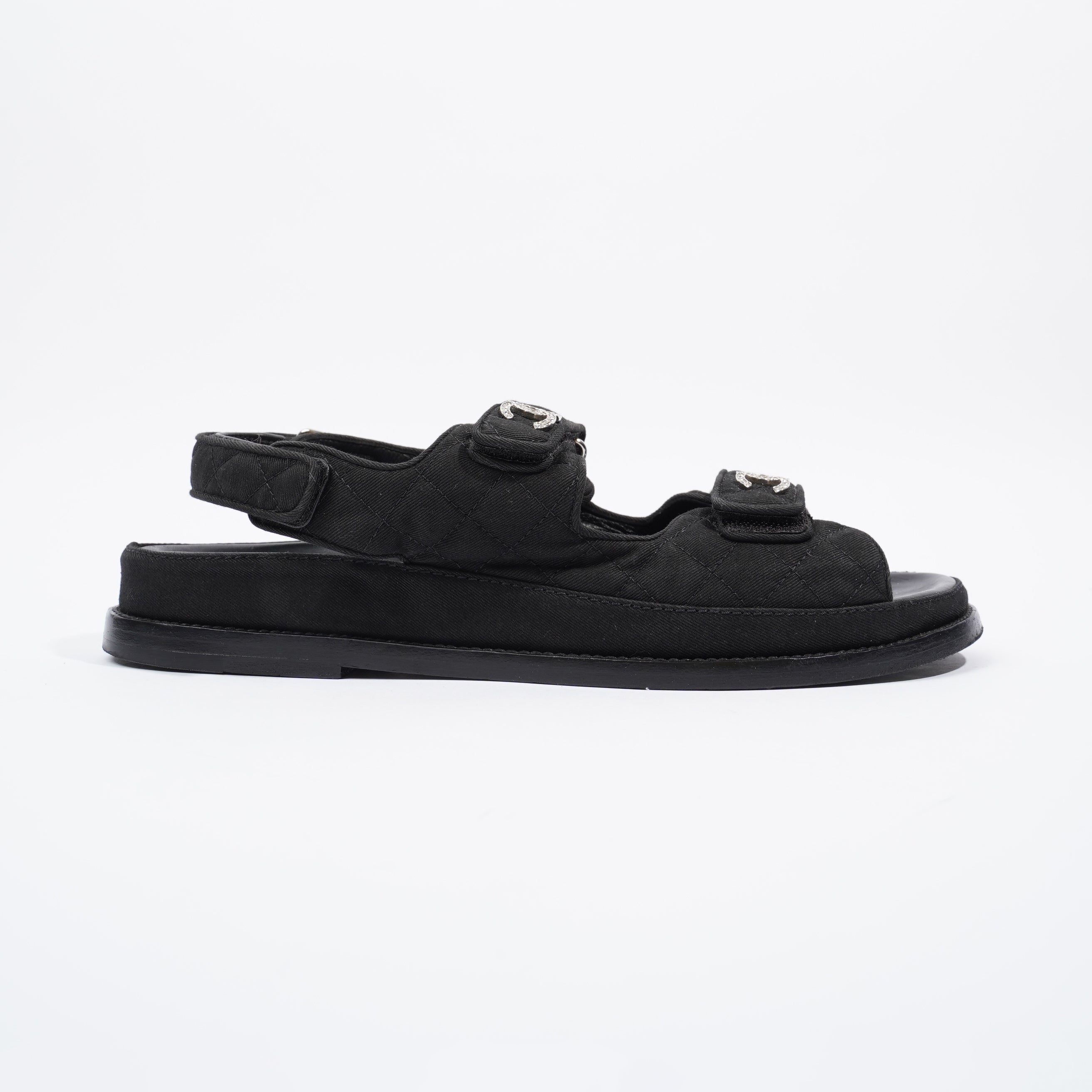 Chanel Quilted Crystal CC Dad Chunky Sandals Black Canvas EU 40.5 UK 7.5