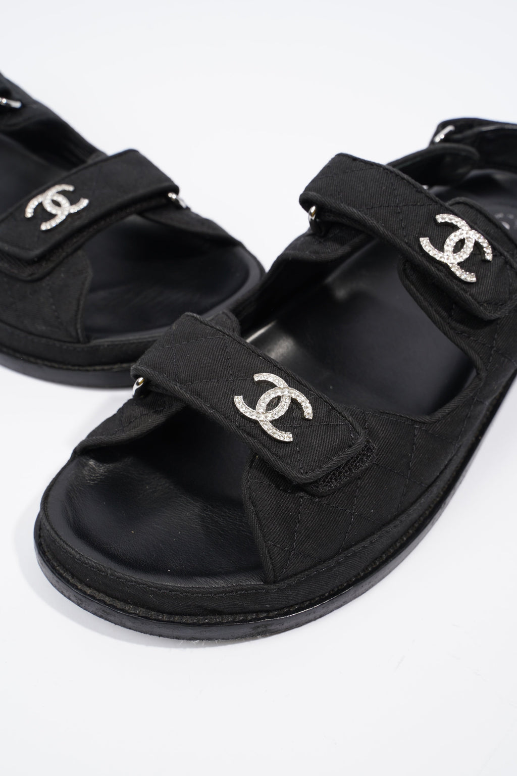 Chanel Quilted Crystal CC Dad Chunky Sandals Black Canvas EU 40.5 UK 7.5