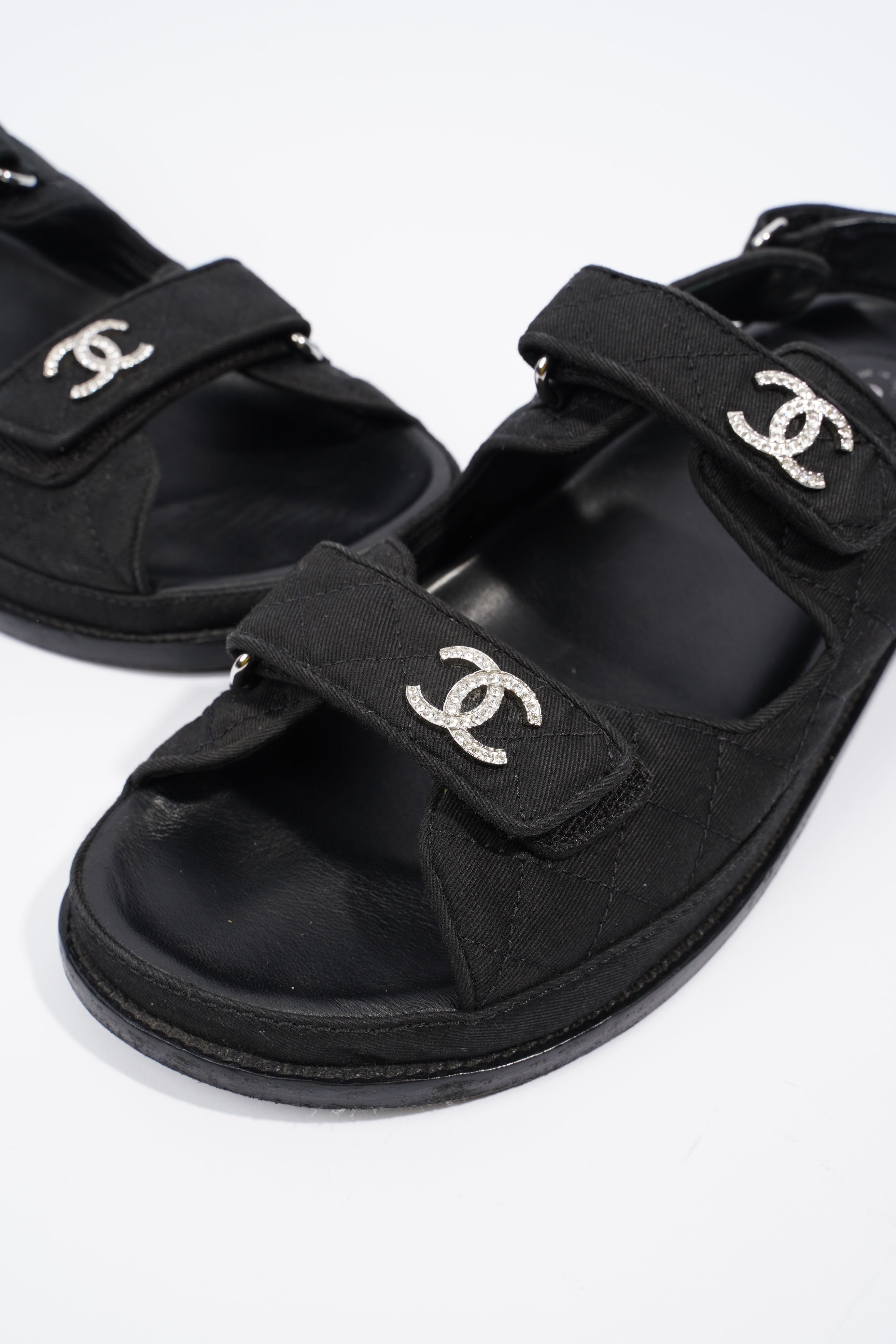 Chanel Quilted Crystal CC Dad Chunky Sandals Black Canvas EU 40.5 UK 7.5