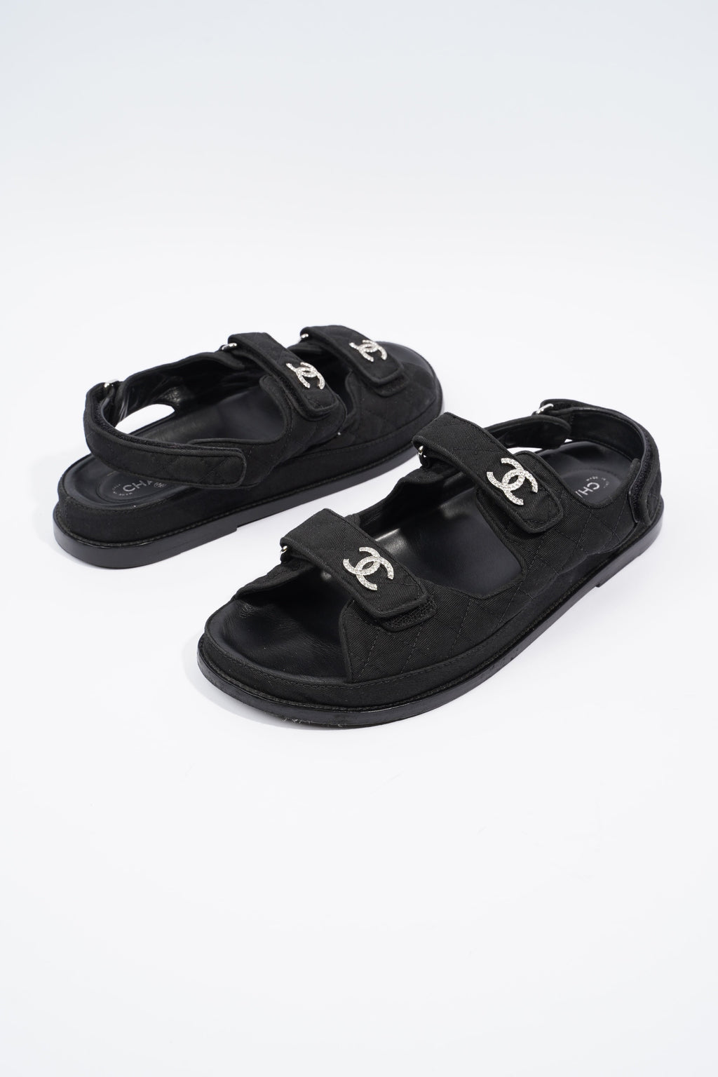Chanel Quilted Crystal CC Dad Chunky Sandals Black Canvas EU 40.5 UK 7.5