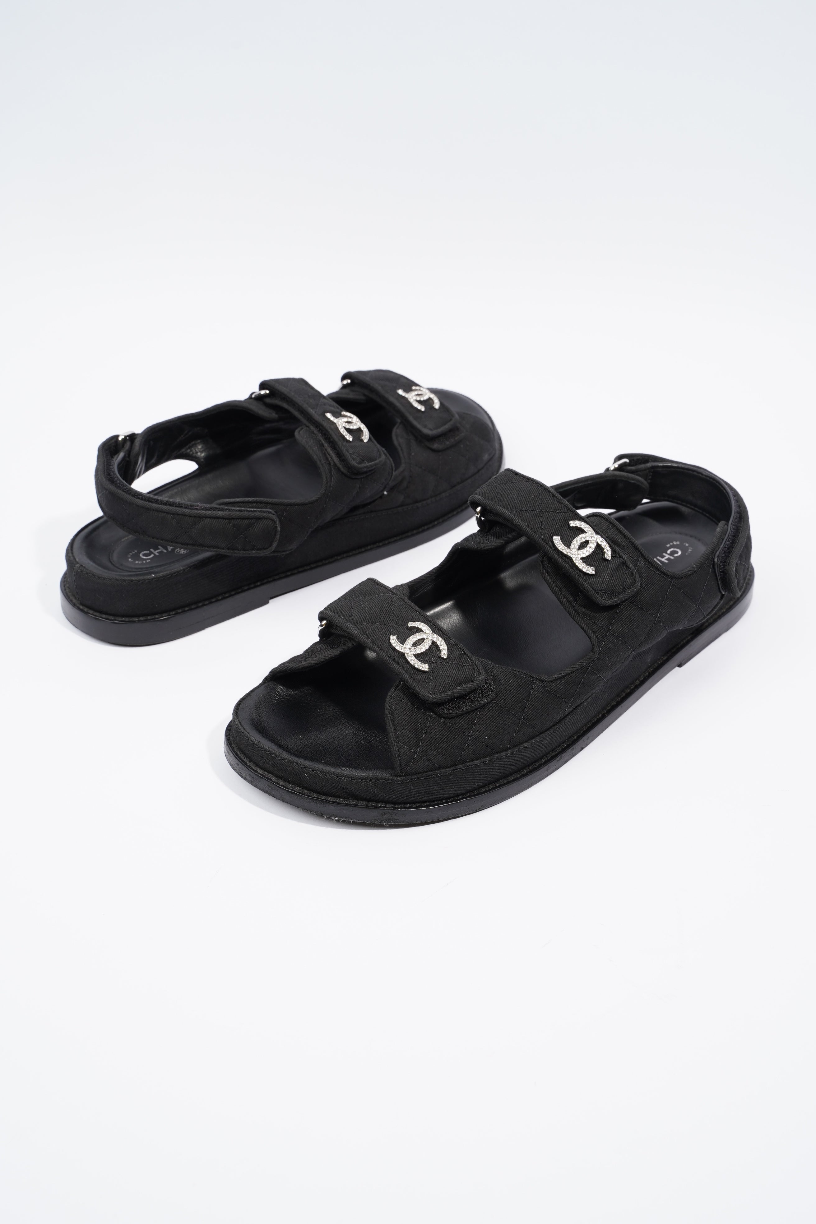 Chanel Quilted Crystal CC Dad Chunky Sandals Black Canvas EU 40.5 UK 7.5