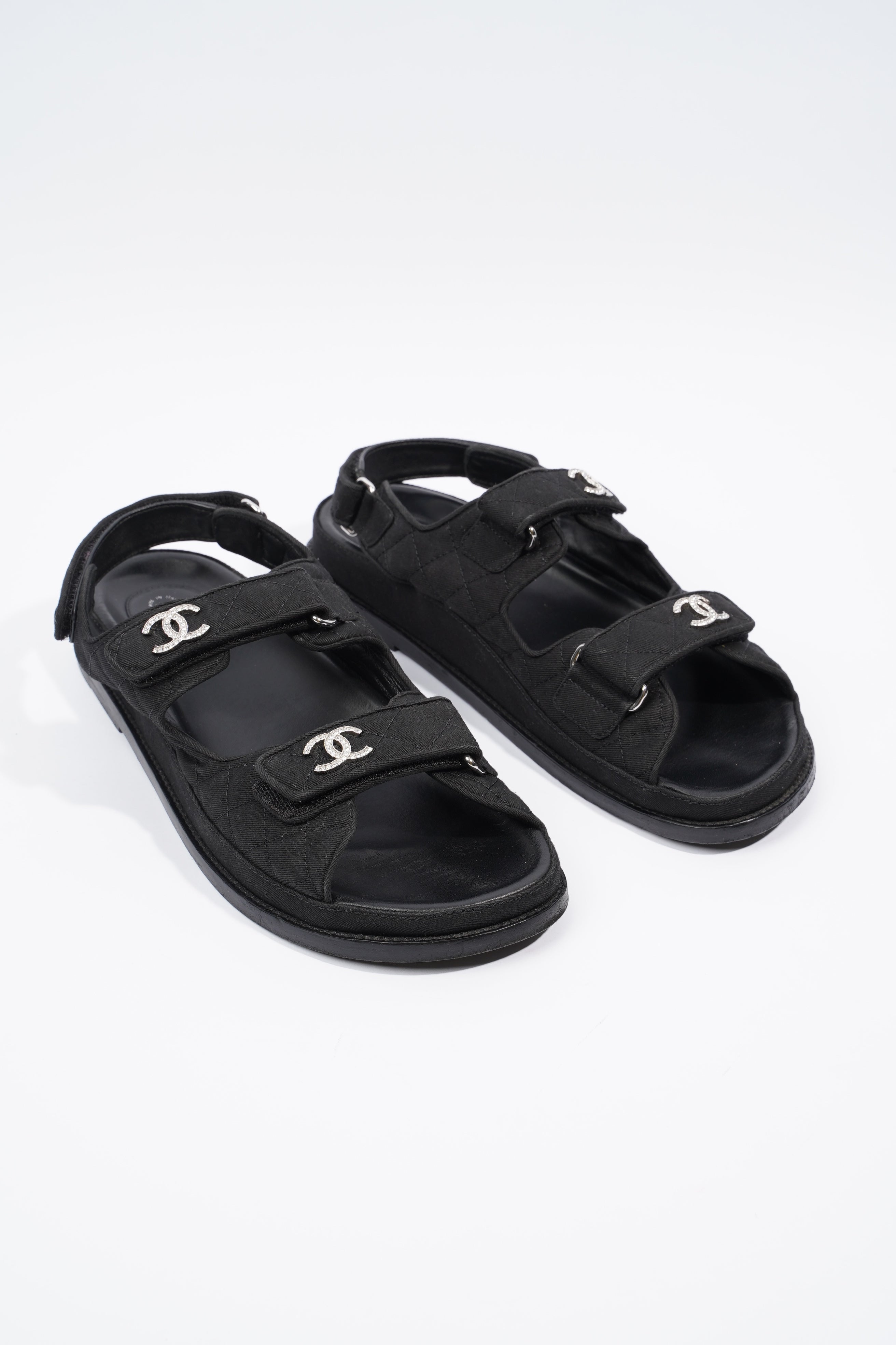Chanel Quilted Crystal CC Dad Chunky Sandals Black Canvas EU 40.5 UK 7.5