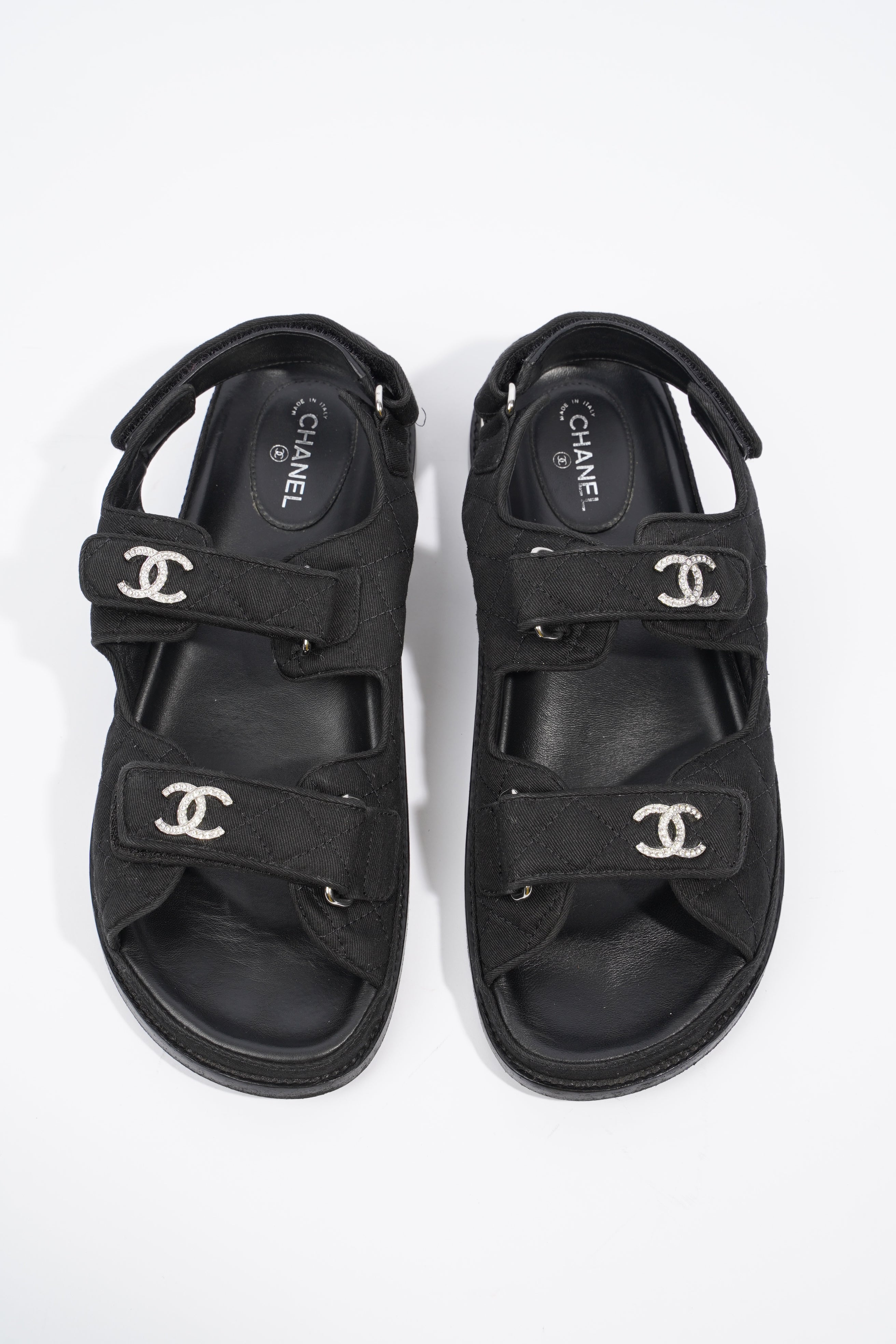 Chanel Quilted Crystal CC Dad Chunky Sandals Black Canvas EU 40.5 UK 7.5