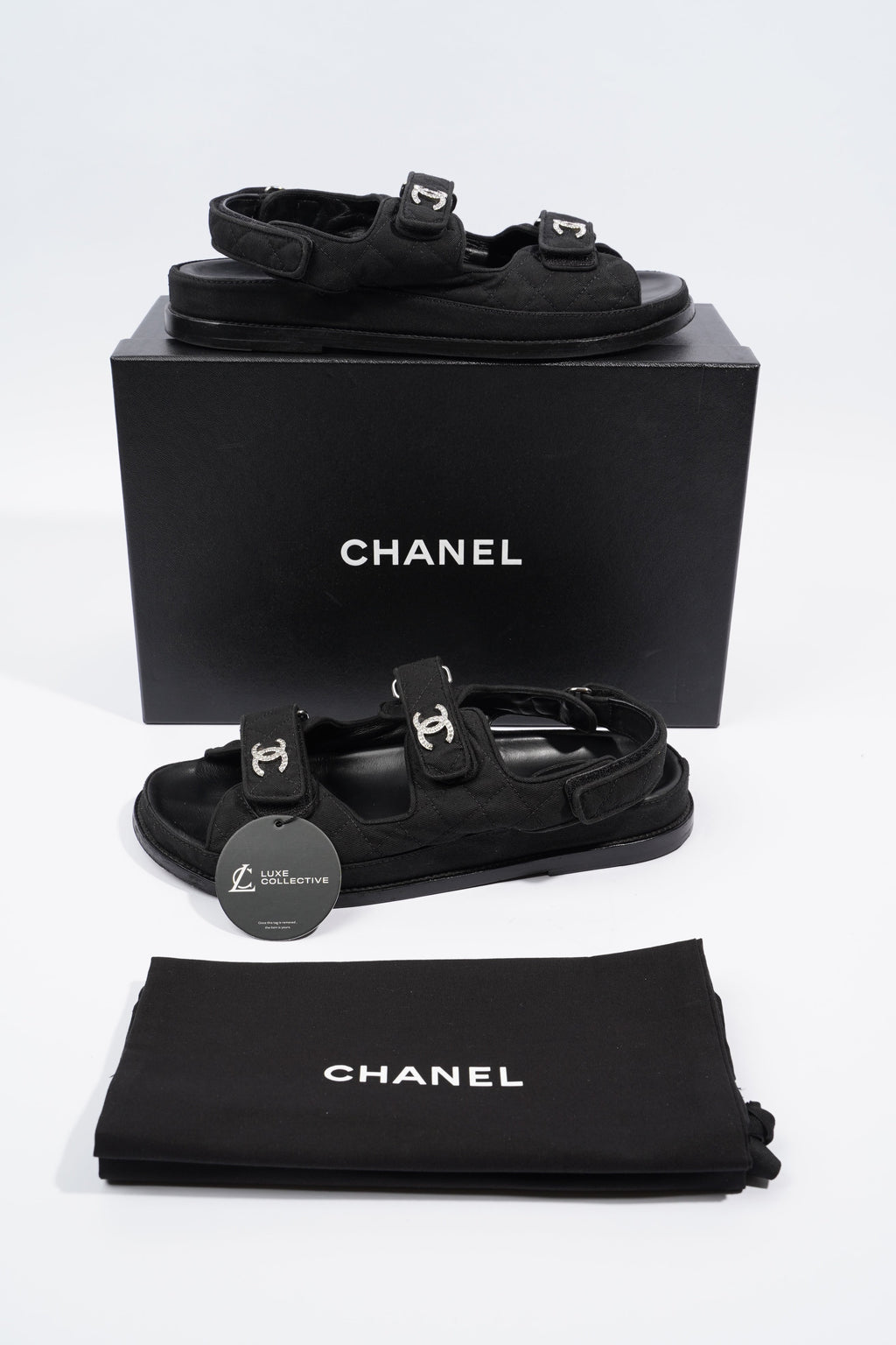 Chanel Quilted Crystal CC Dad Chunky Sandals Black Canvas EU 40.5 UK 7.5