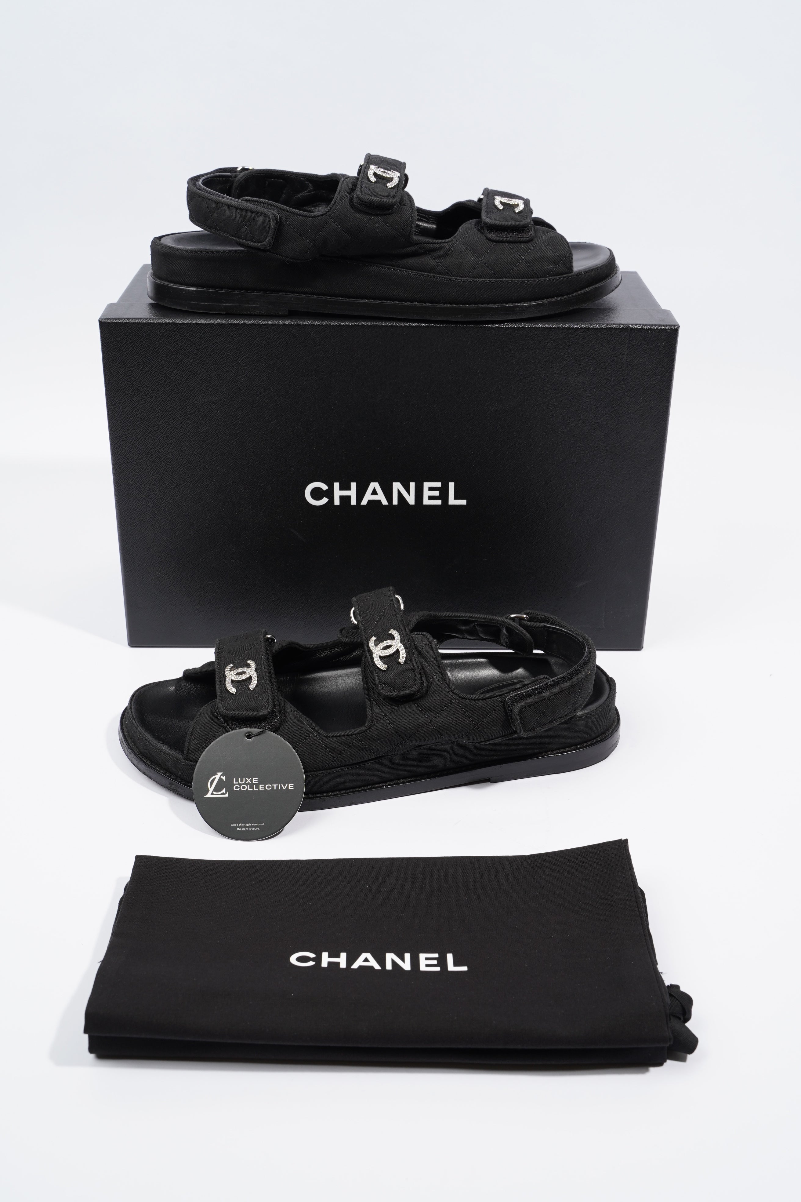 Chanel Quilted Crystal CC Dad Chunky Sandals Black Canvas EU 40.5 UK 7.5
