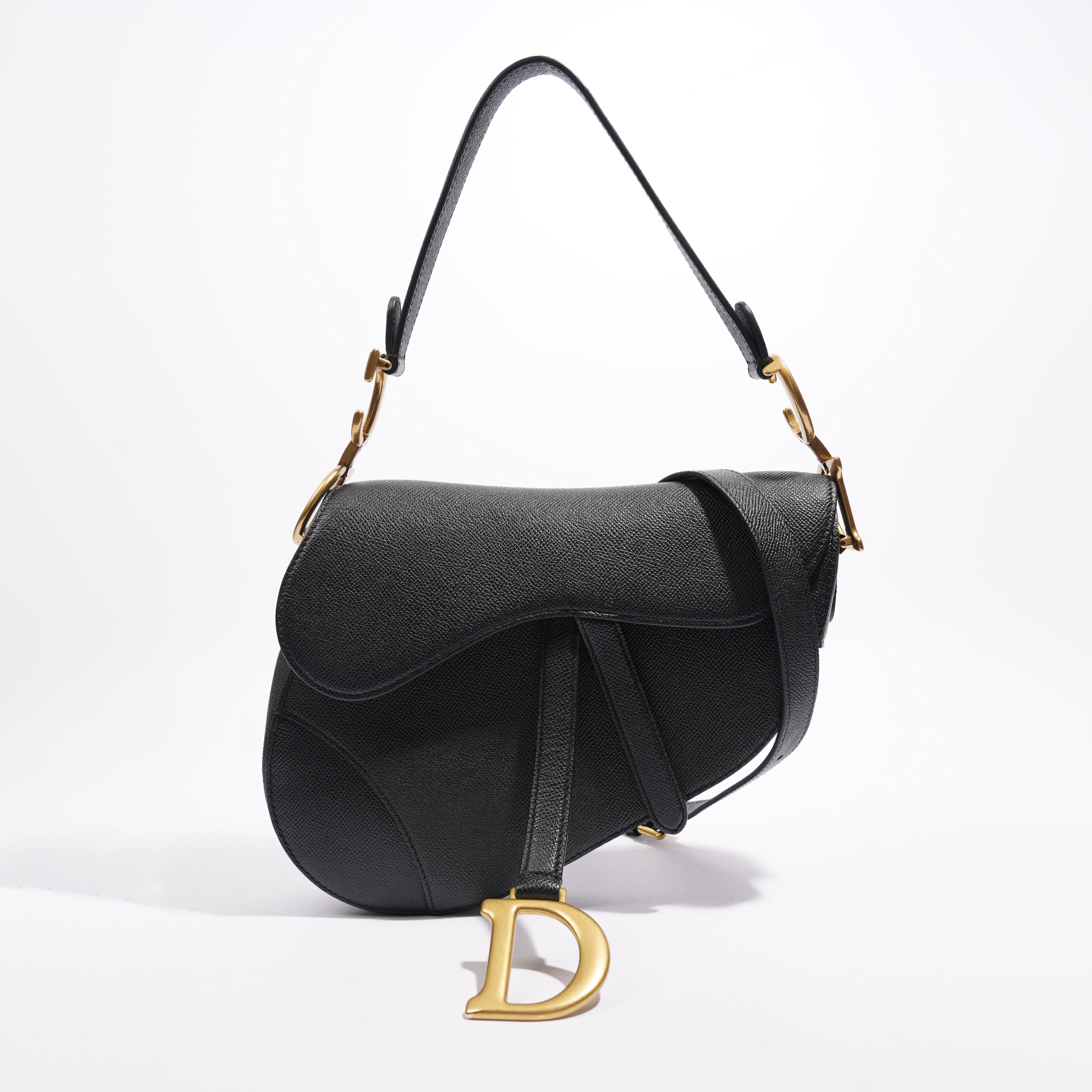 Christian Dior Saddle Bag With Strap Black Grained Leather