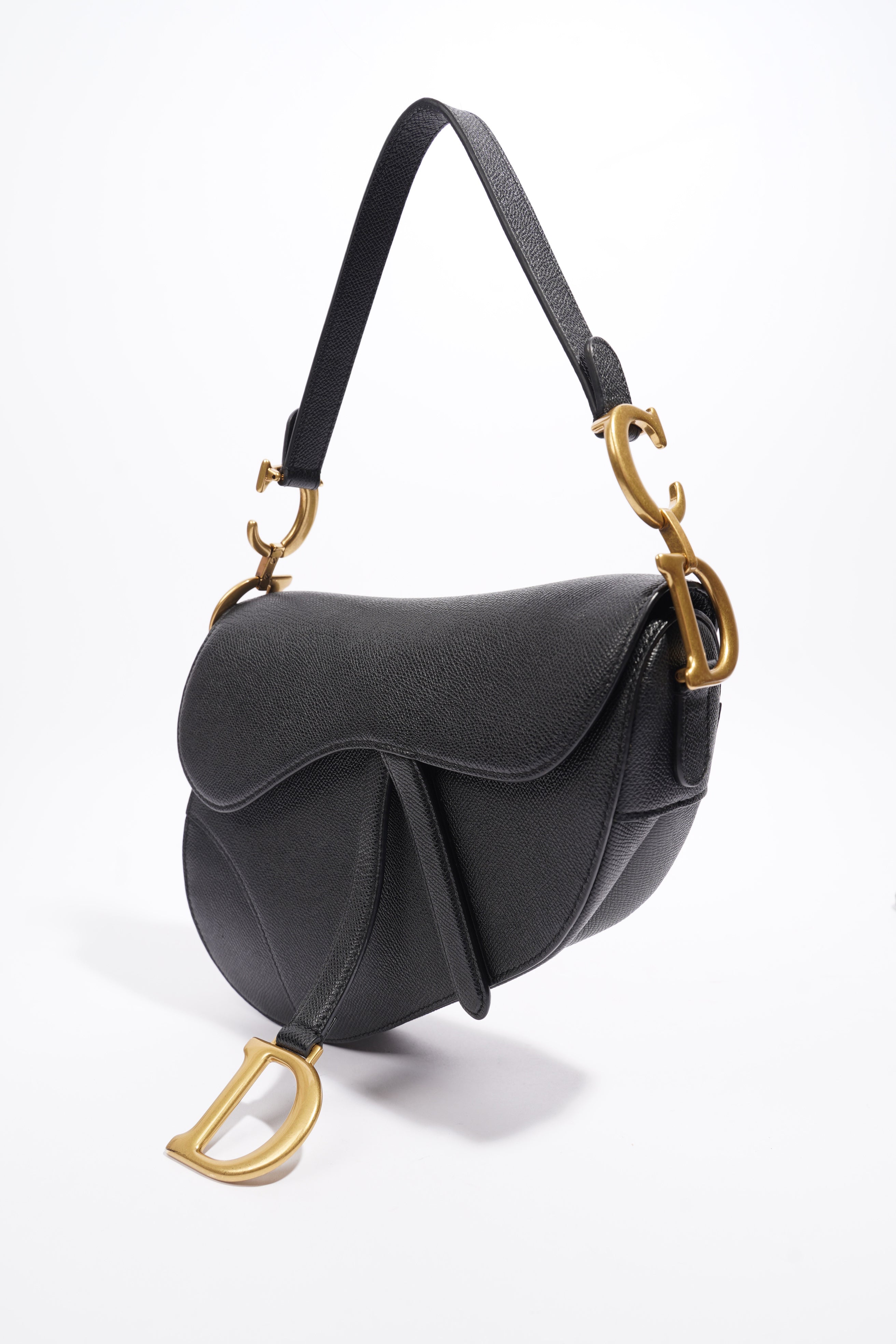 Christian Dior Saddle Bag With Strap Black Grained Leather