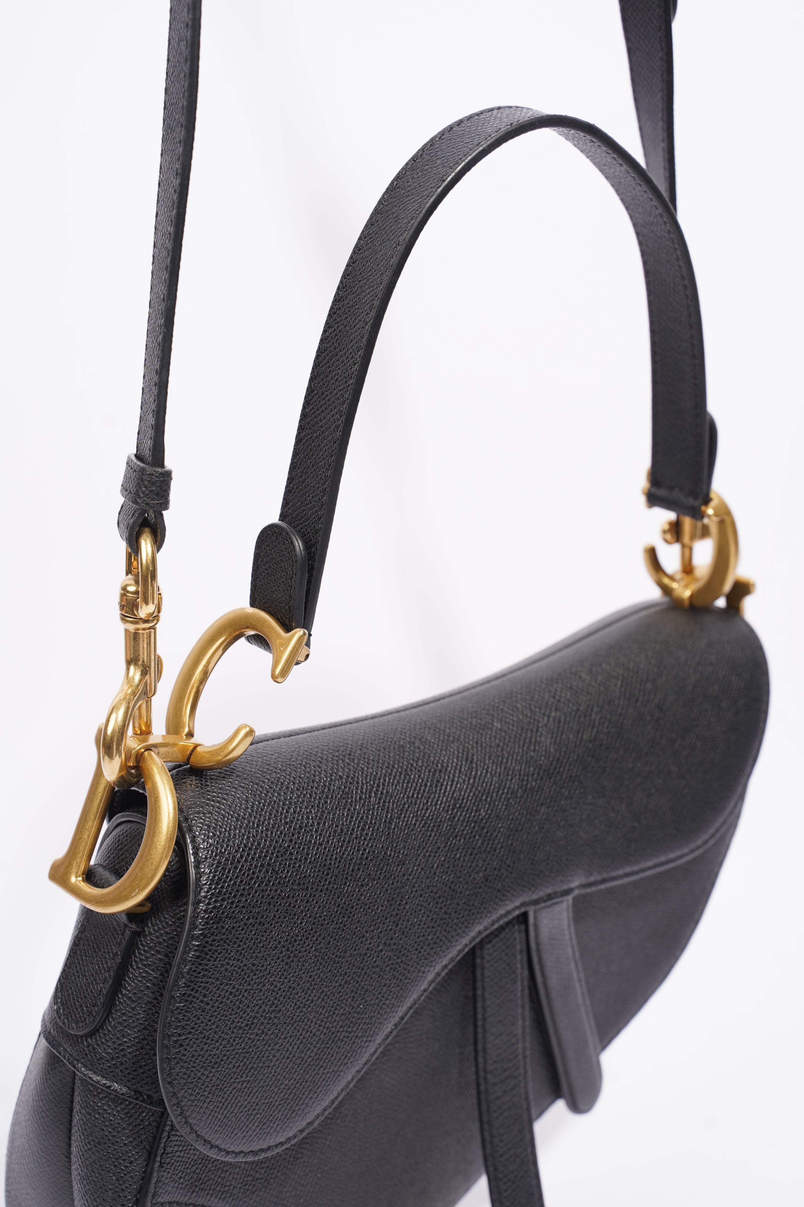 Christian Dior Saddle Bag With Strap Black Grained Leather