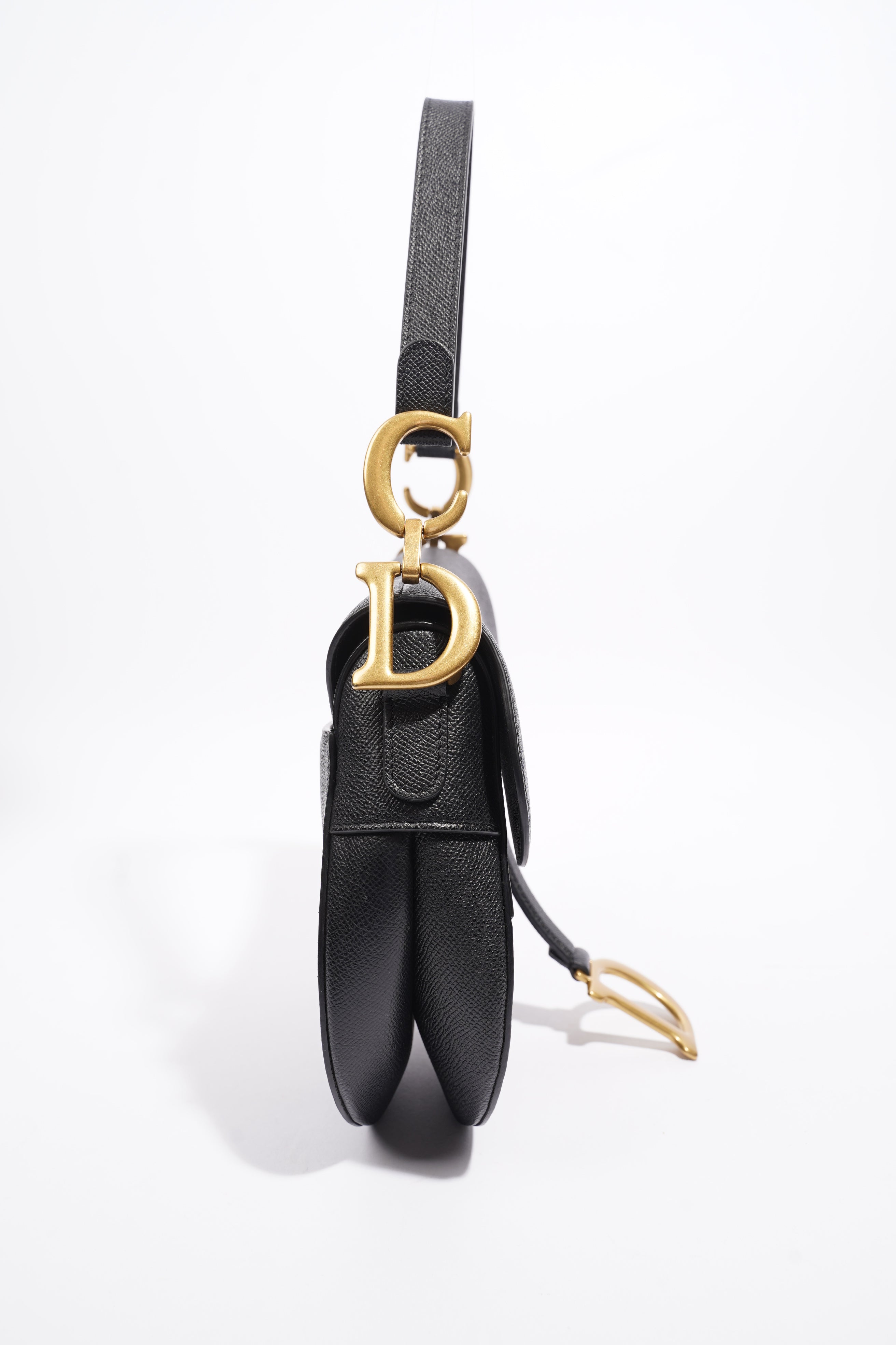 Christian Dior Saddle Bag With Strap Black Grained Leather