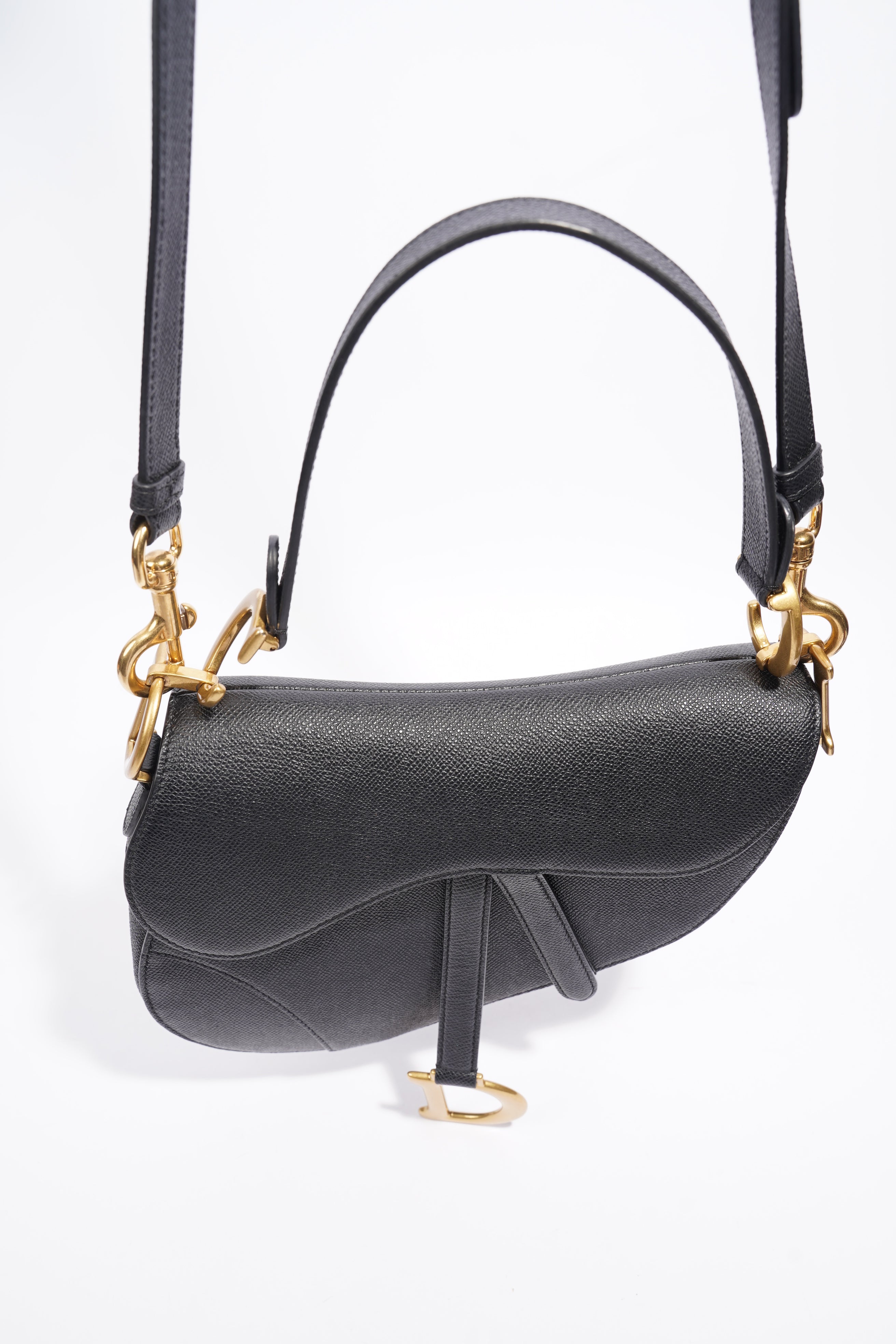 Christian Dior Saddle Bag With Strap Black Grained Leather