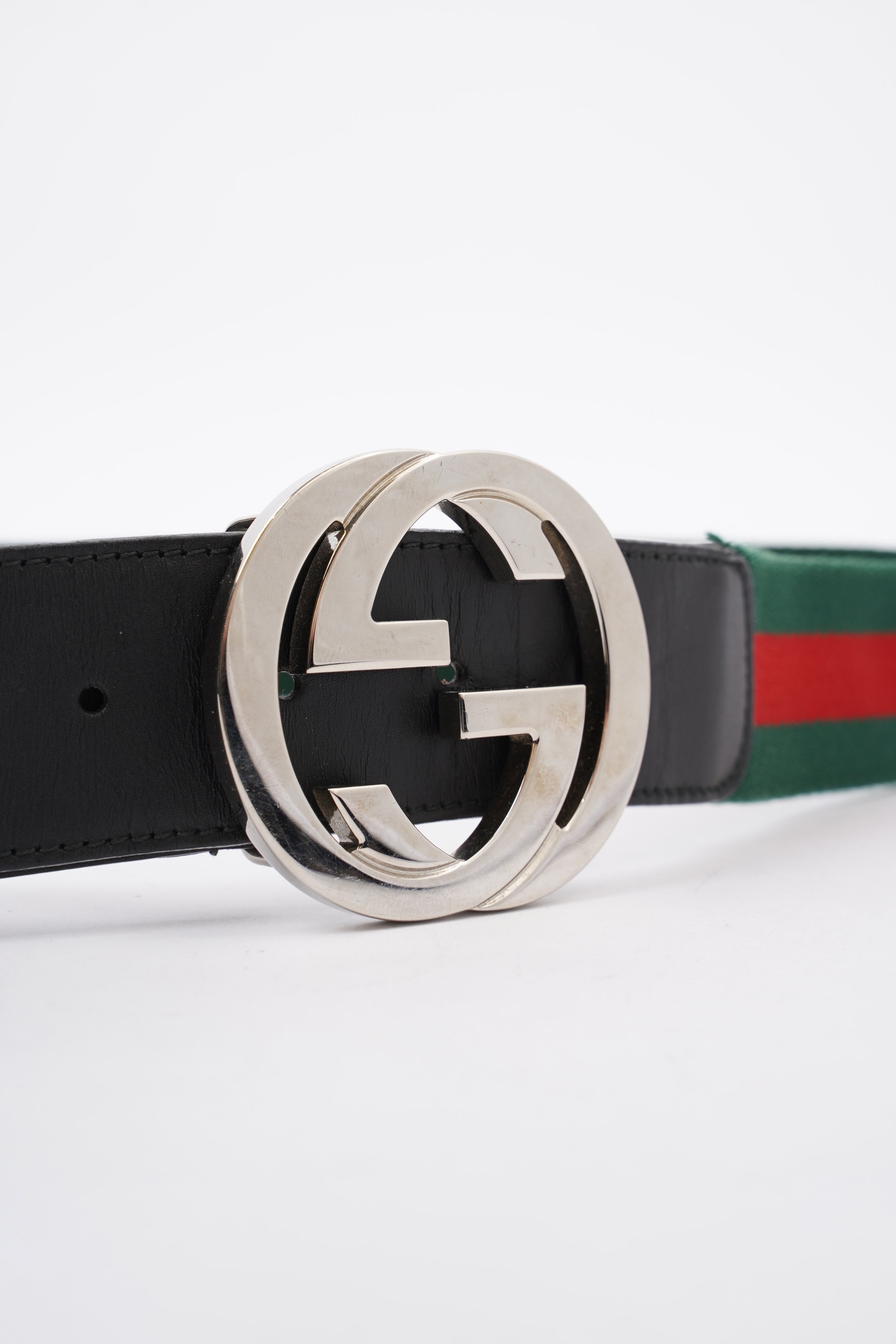 Gucci GG Interlocking Belt Silver / Green / Red Leather 95cm 38"
