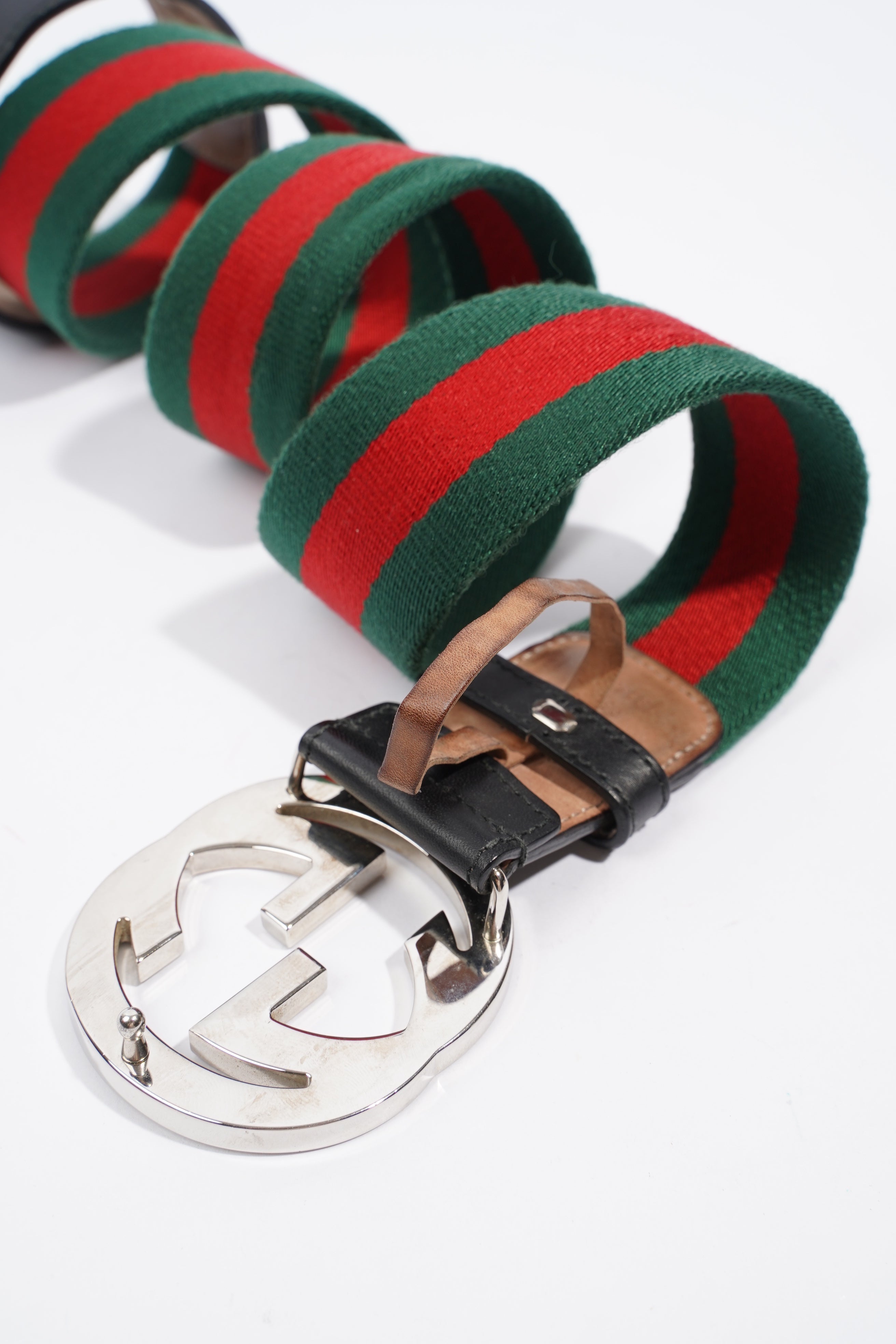 Gucci GG Interlocking Belt Silver / Green / Red Leather 95cm 38"