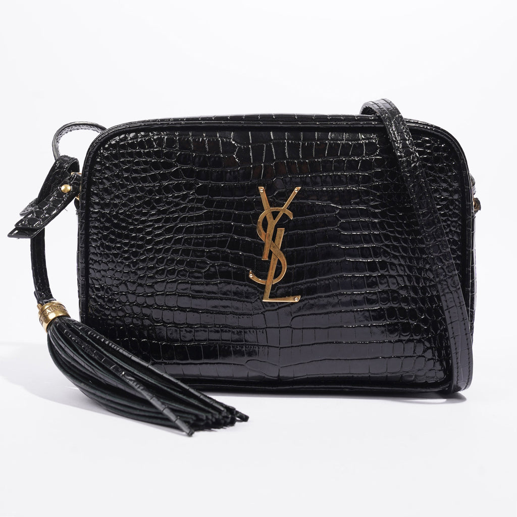 Saint Laurent Lou Camera Croc Black Embossed Leather Medium