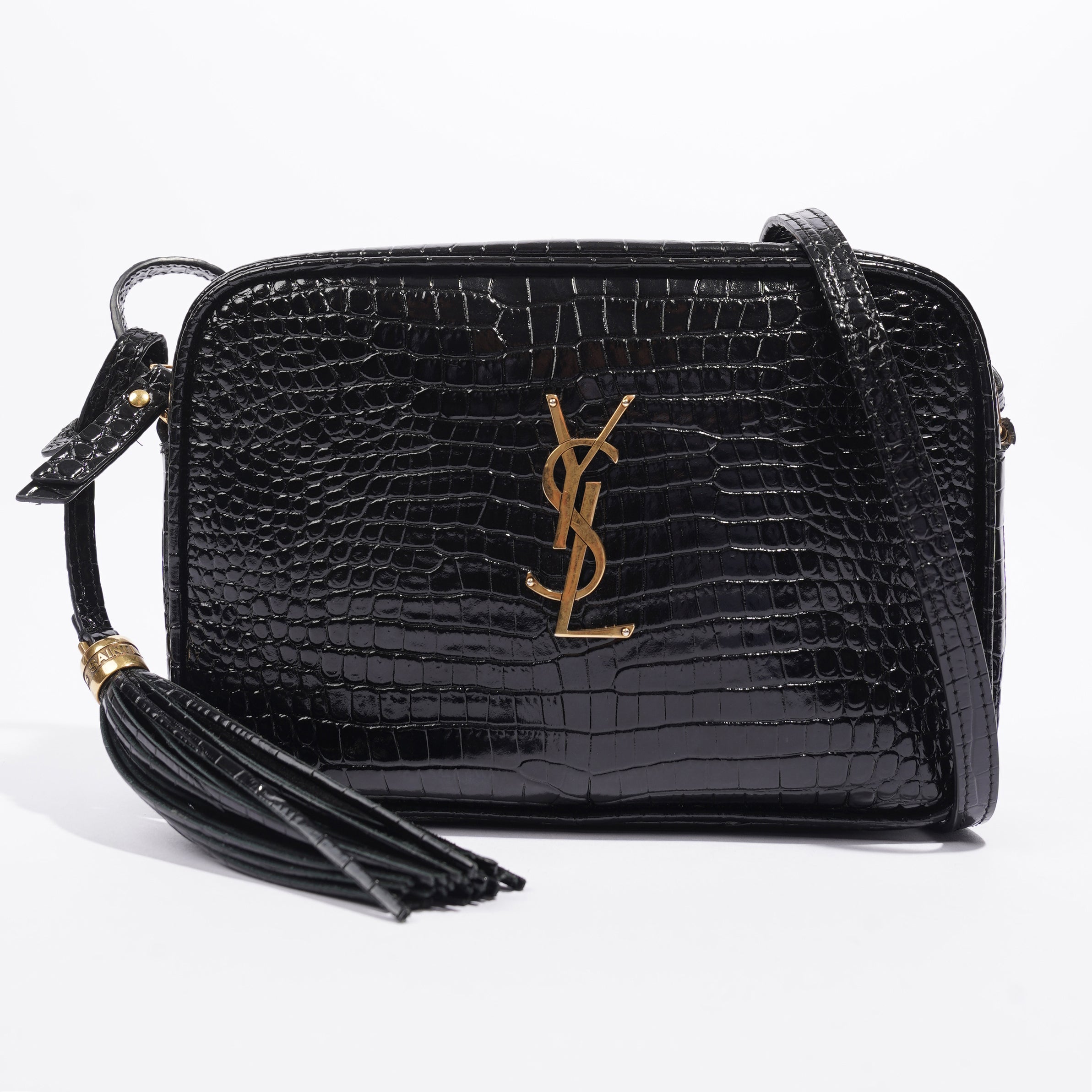 Saint Laurent Lou Camera Croc Black Embossed Leather Medium