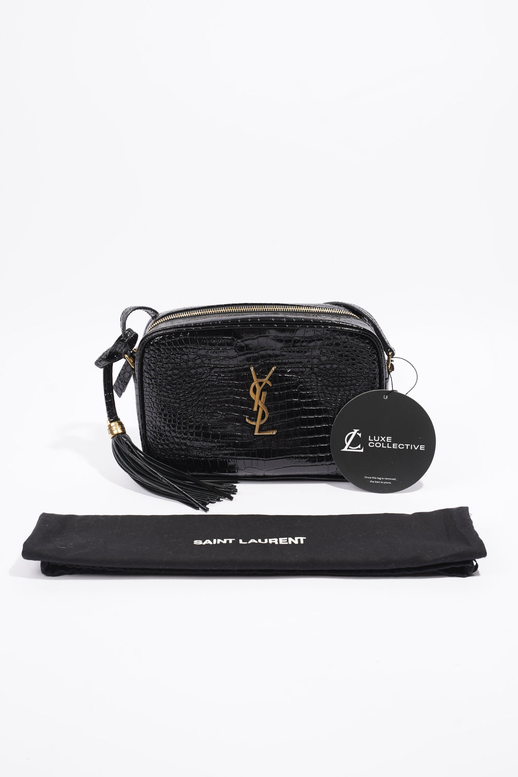 Saint Laurent Lou Camera Croc Black Embossed Leather Medium