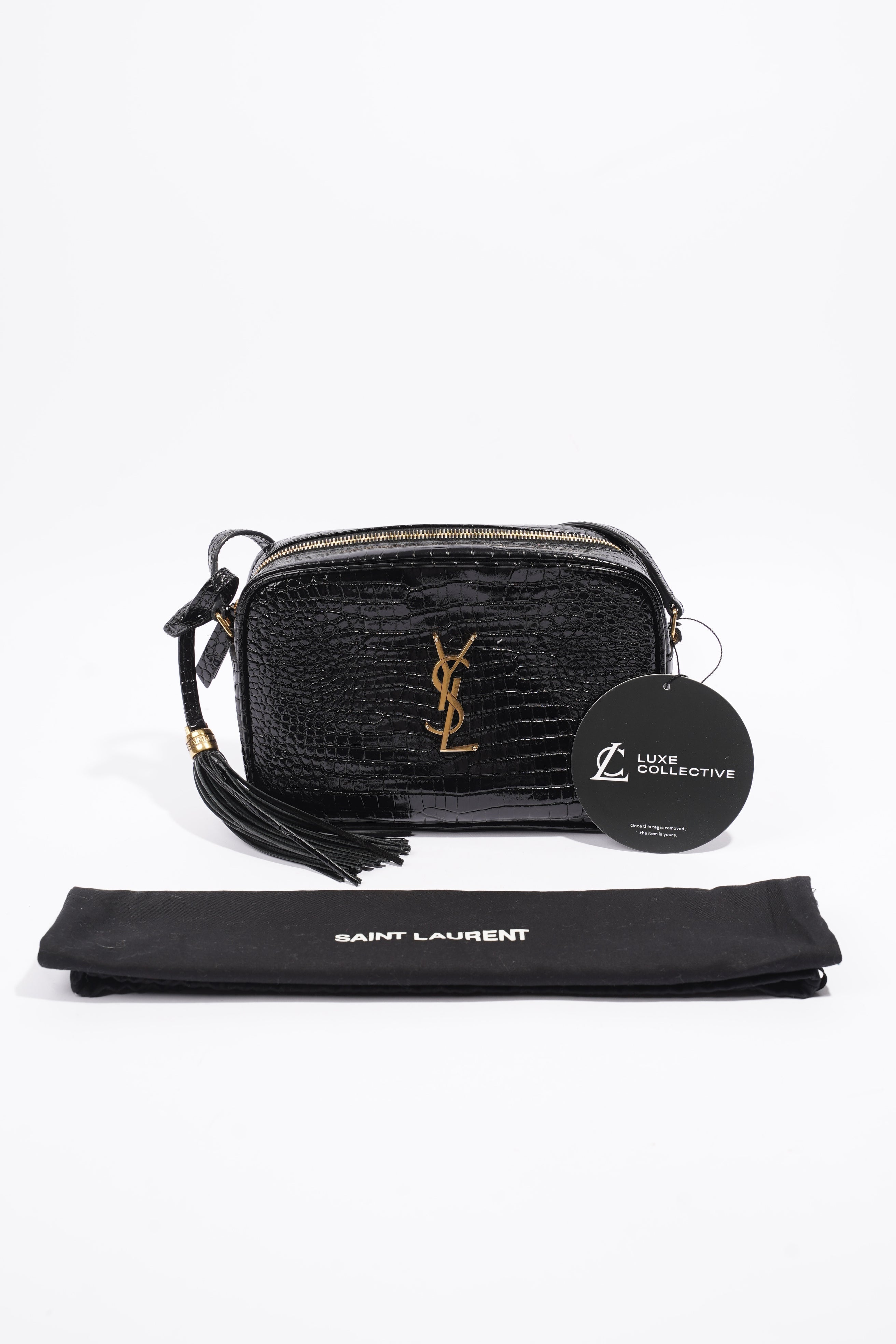 Saint Laurent Lou Camera Croc Black Embossed Leather Medium