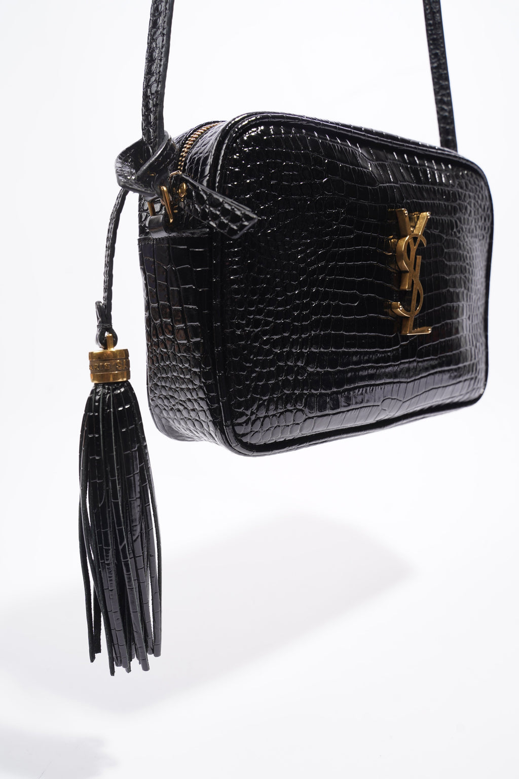 Saint Laurent Lou Camera Croc Black Embossed Leather Medium