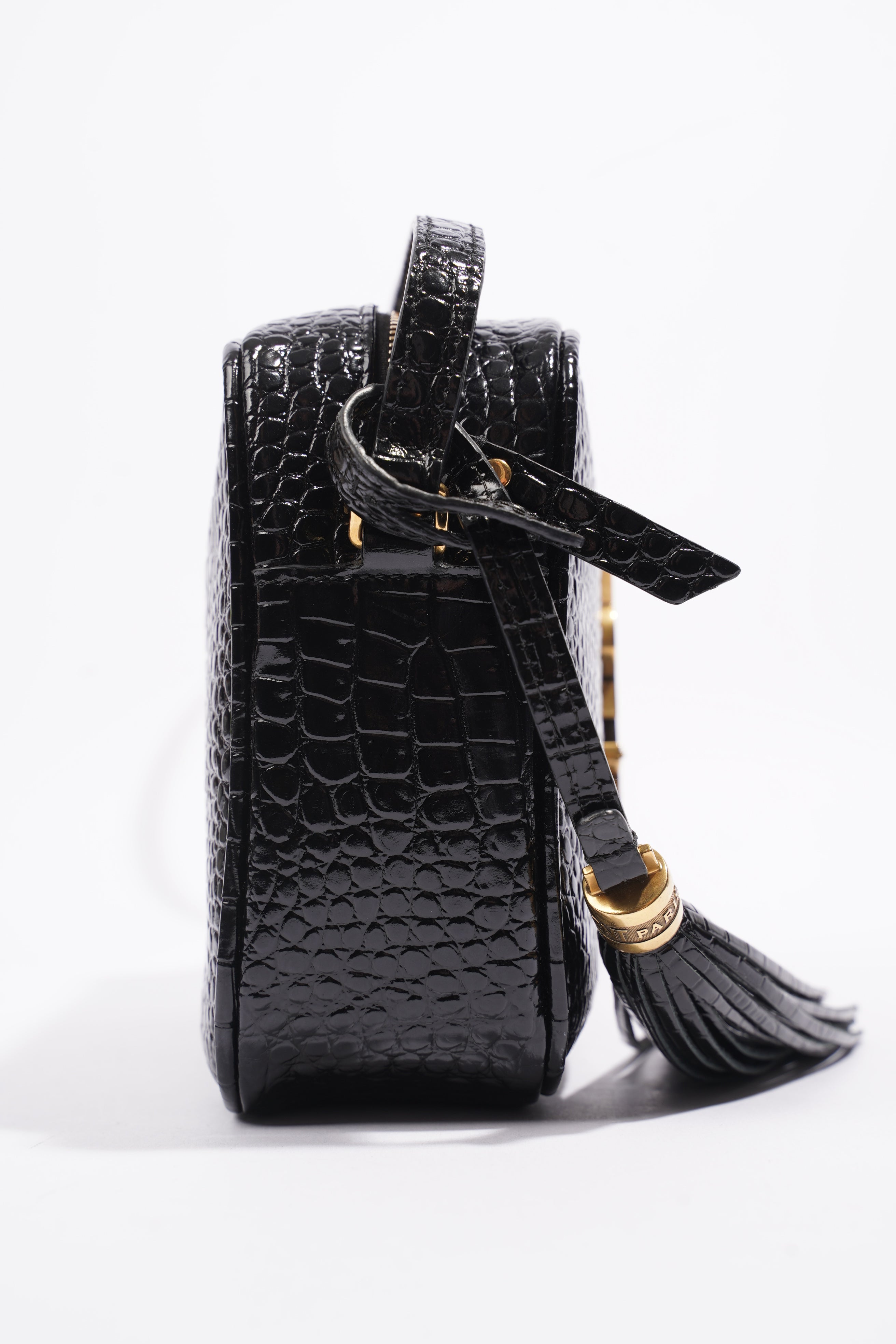 Saint Laurent Lou Camera Croc Black Embossed Leather Medium
