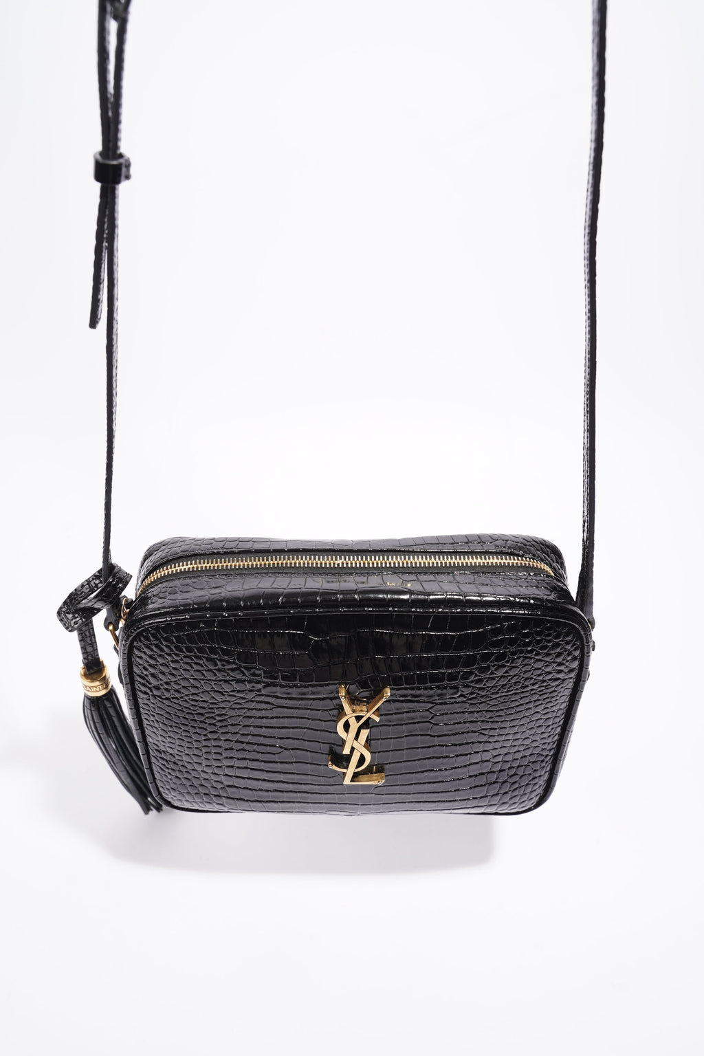 Saint Laurent Lou Camera Croc Black Embossed Leather Medium