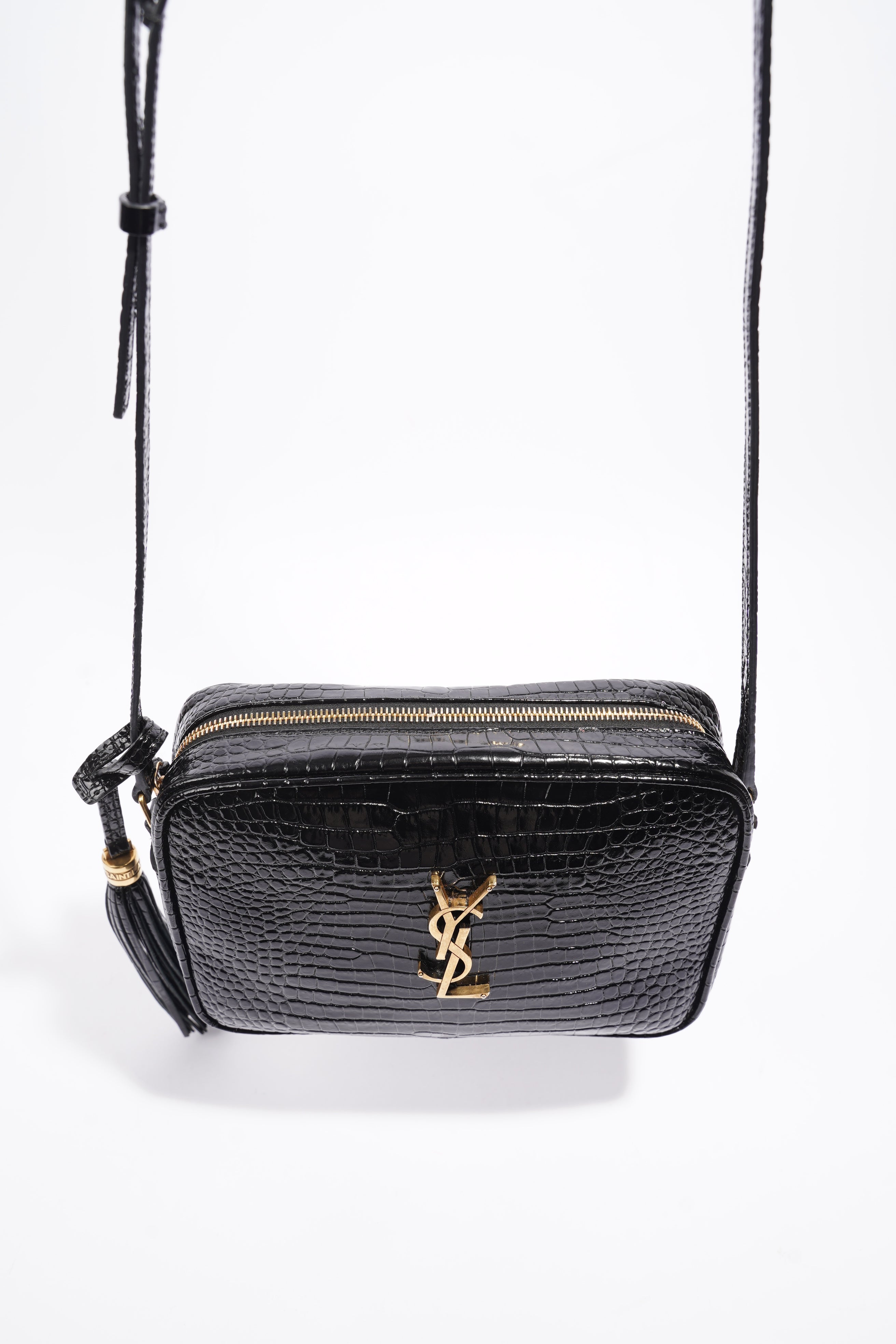 Saint Laurent Lou Camera Croc Black Embossed Leather Medium