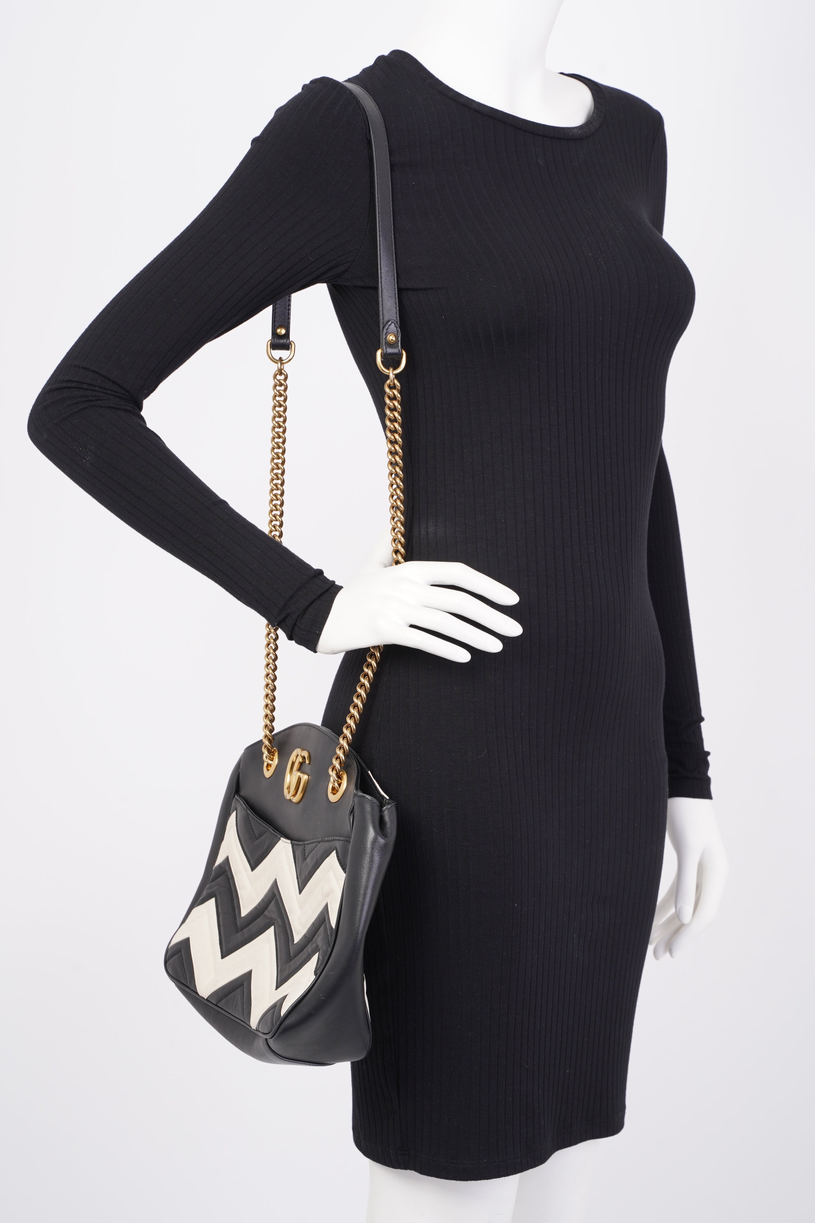 Gucci GG Marmont Zig Zag Black / White Matelasse Leather Medium