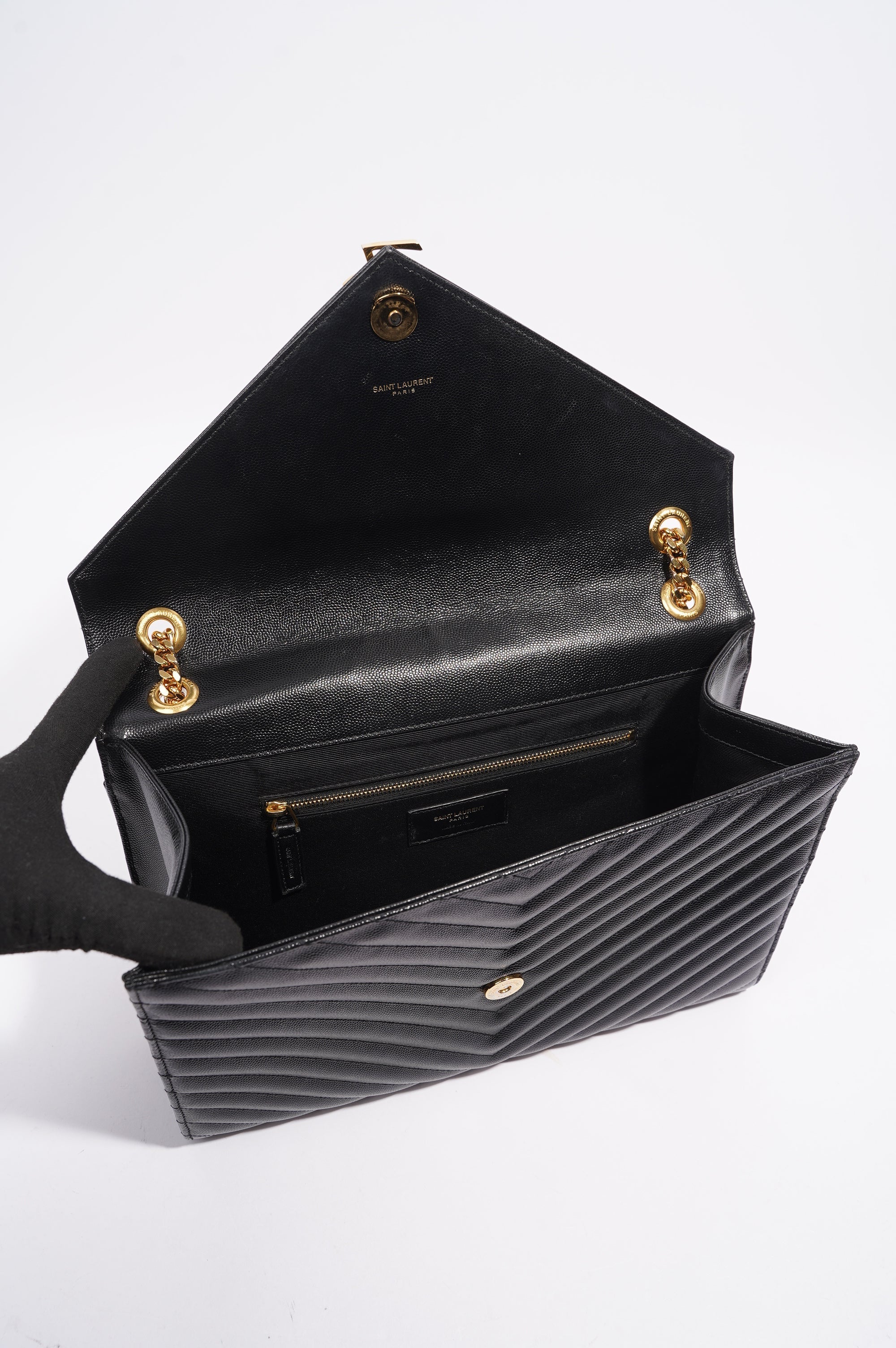 Saint Laurent Envelope Chain Flap Bag Black Matelasse Leather Large