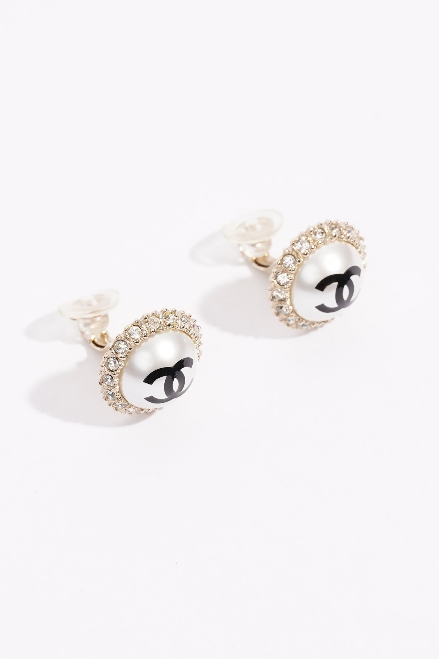 Chanel CC Pearl Earrings Silver Base Metal