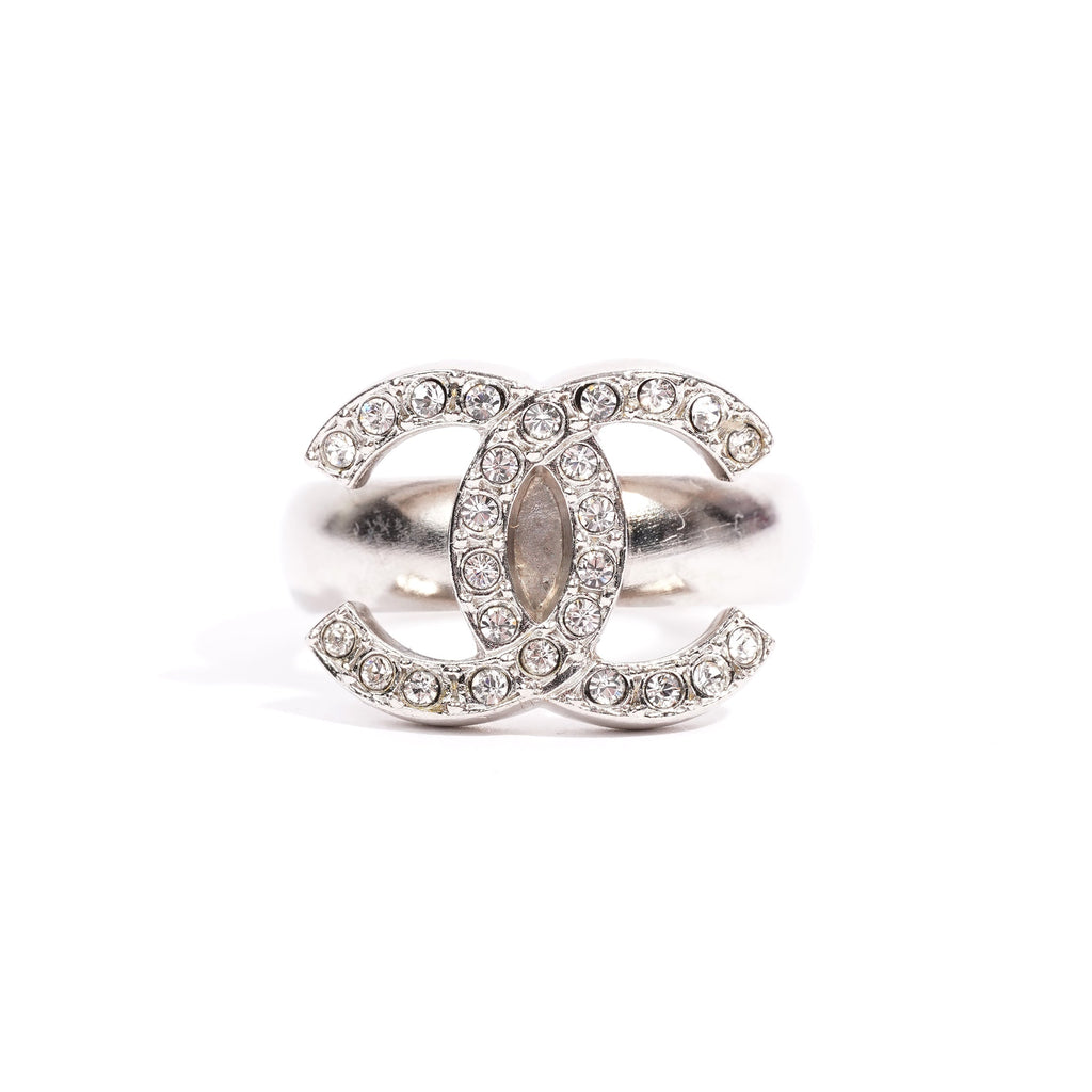 Chanel Crystal Ring Silver Base Metal 52