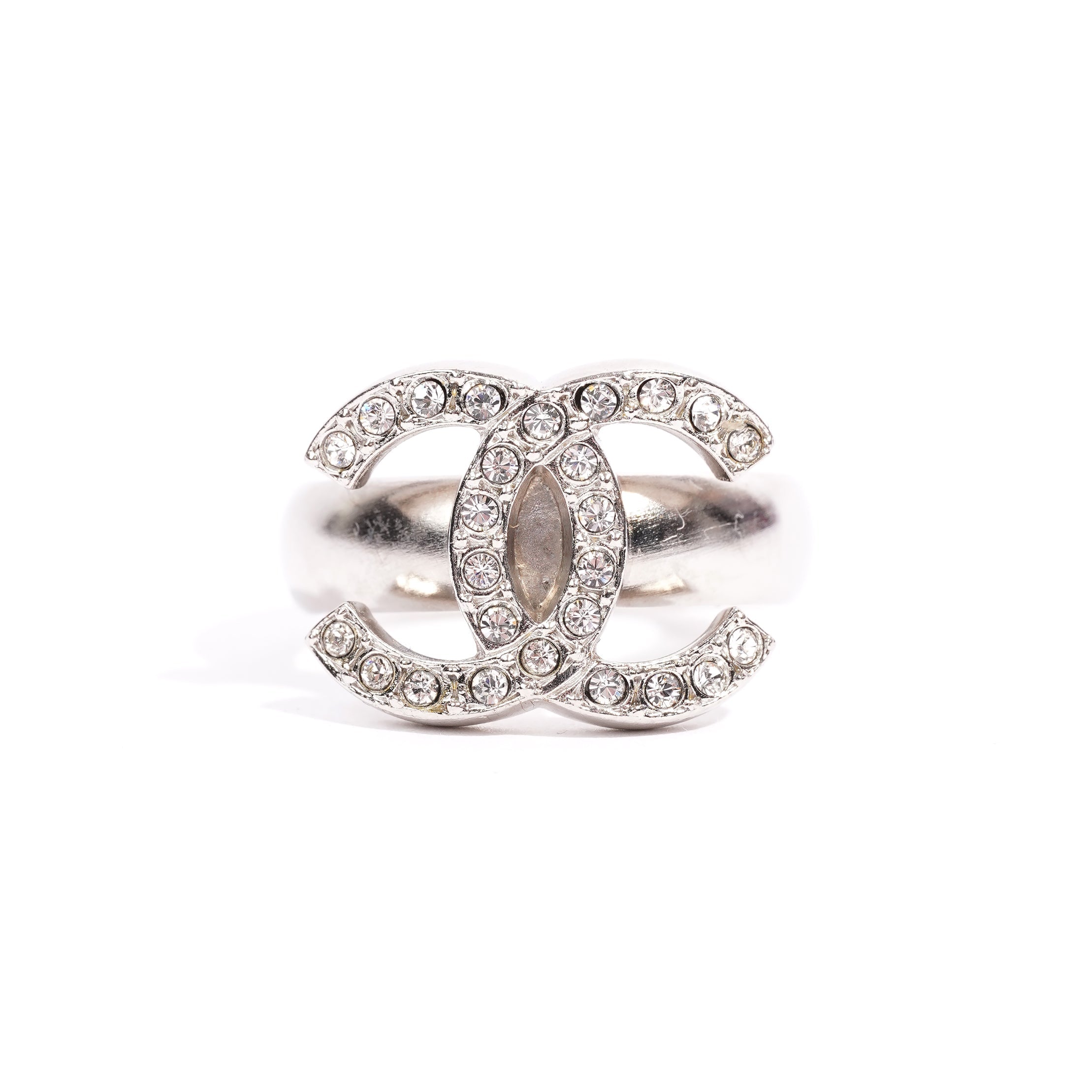 Chanel Crystal Ring Silver Base Metal 52