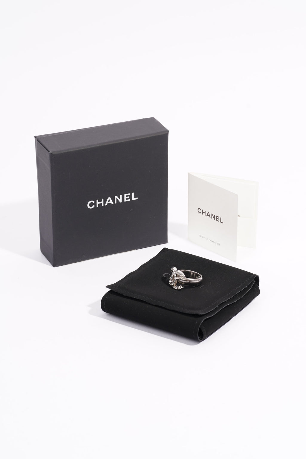 Chanel Crystal Ring Silver Base Metal 52