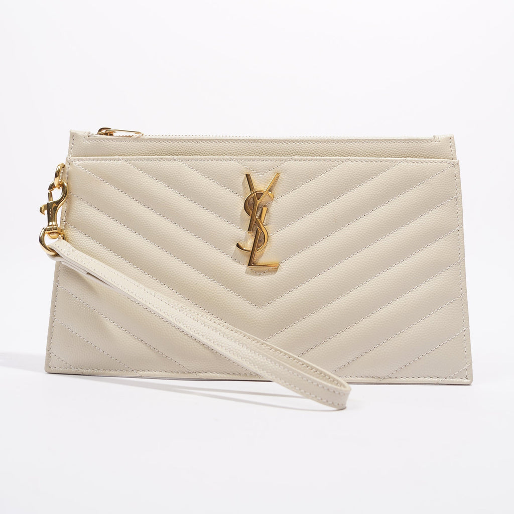 Saint Laurent Cassandre Zipped Pouch Cream Grained Leather