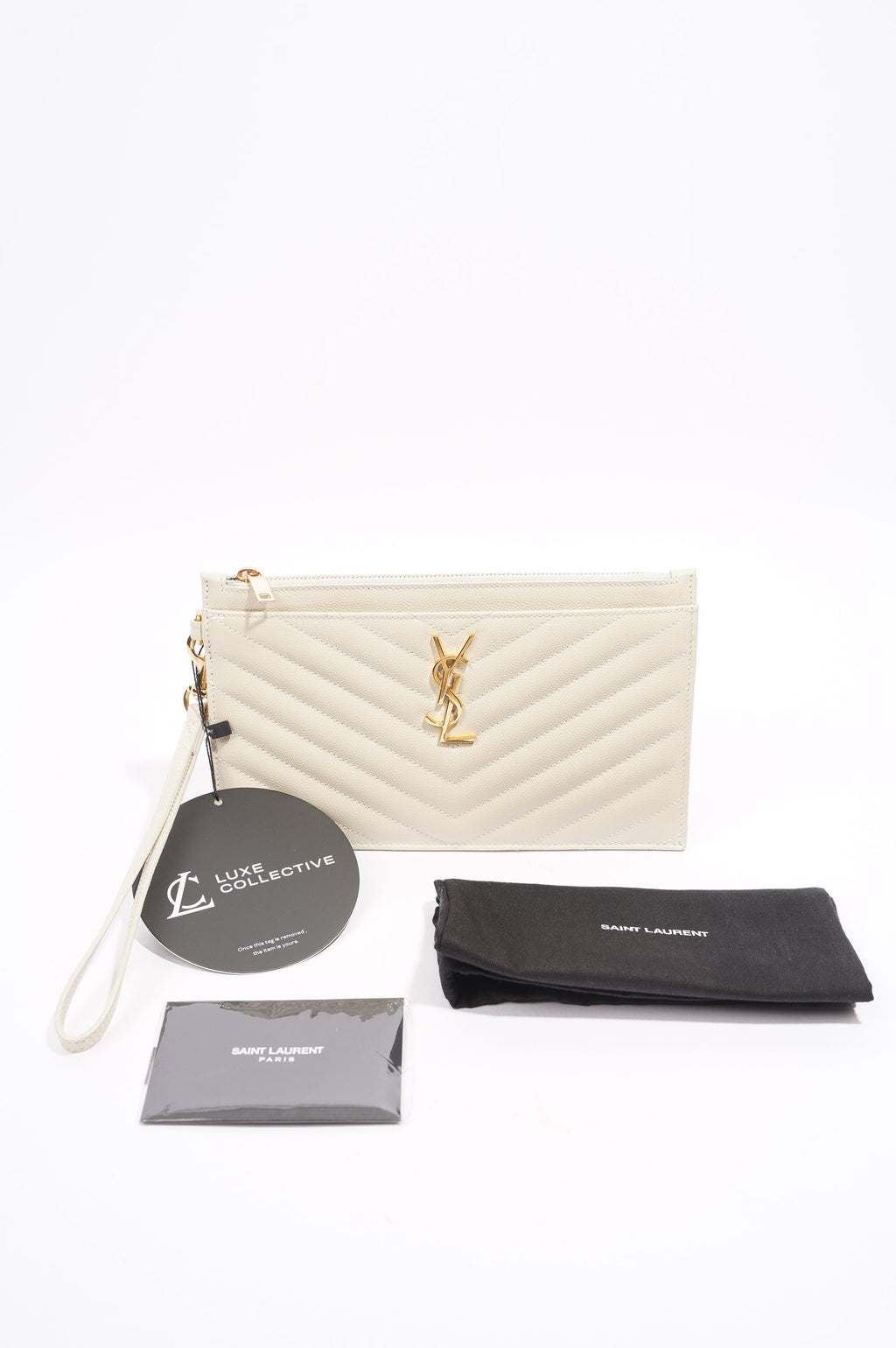 Saint Laurent Cassandre Zipped Pouch Cream Grained Leather