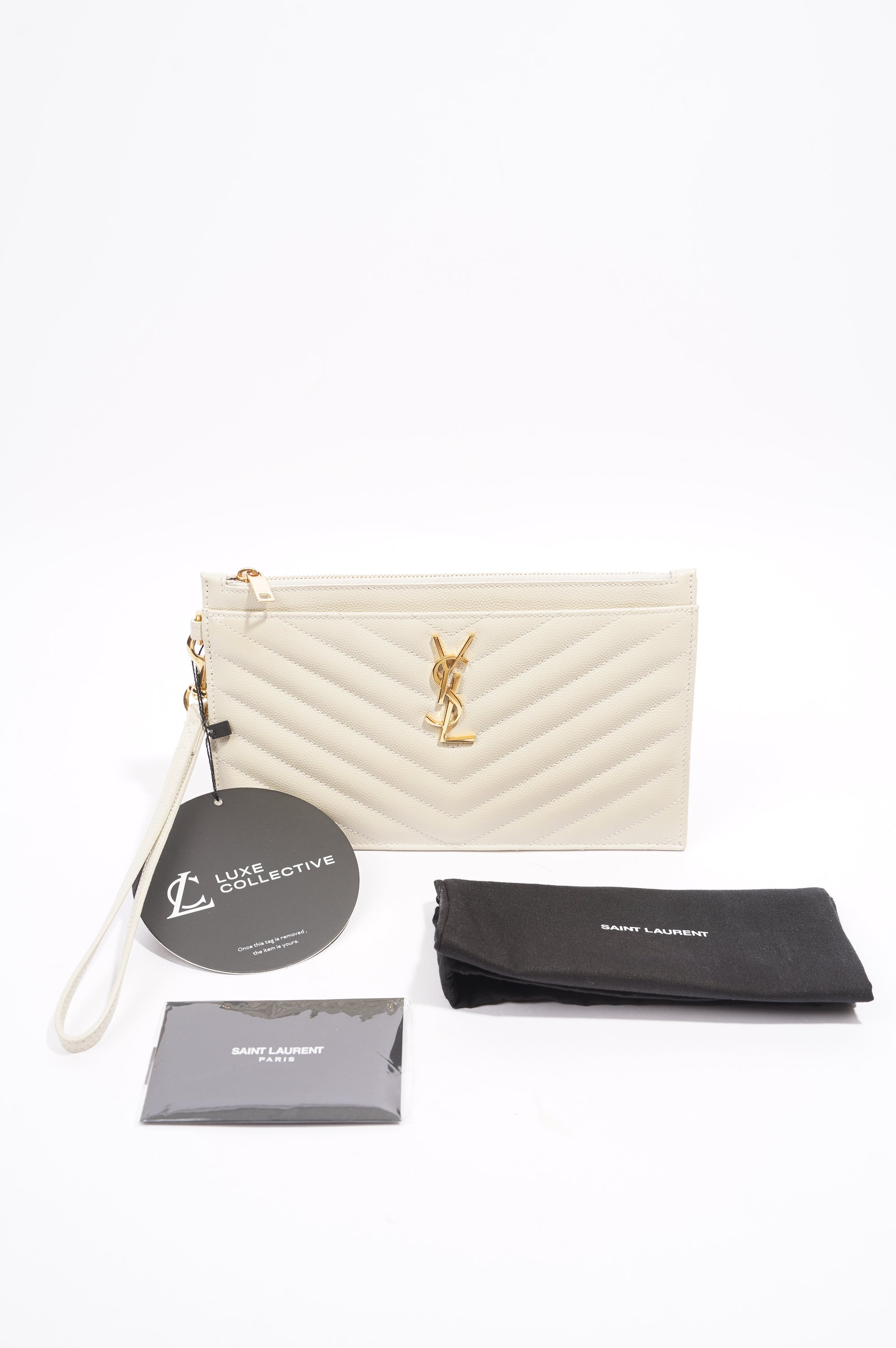 Saint Laurent Cassandre Zipped Pouch Cream Grained Leather