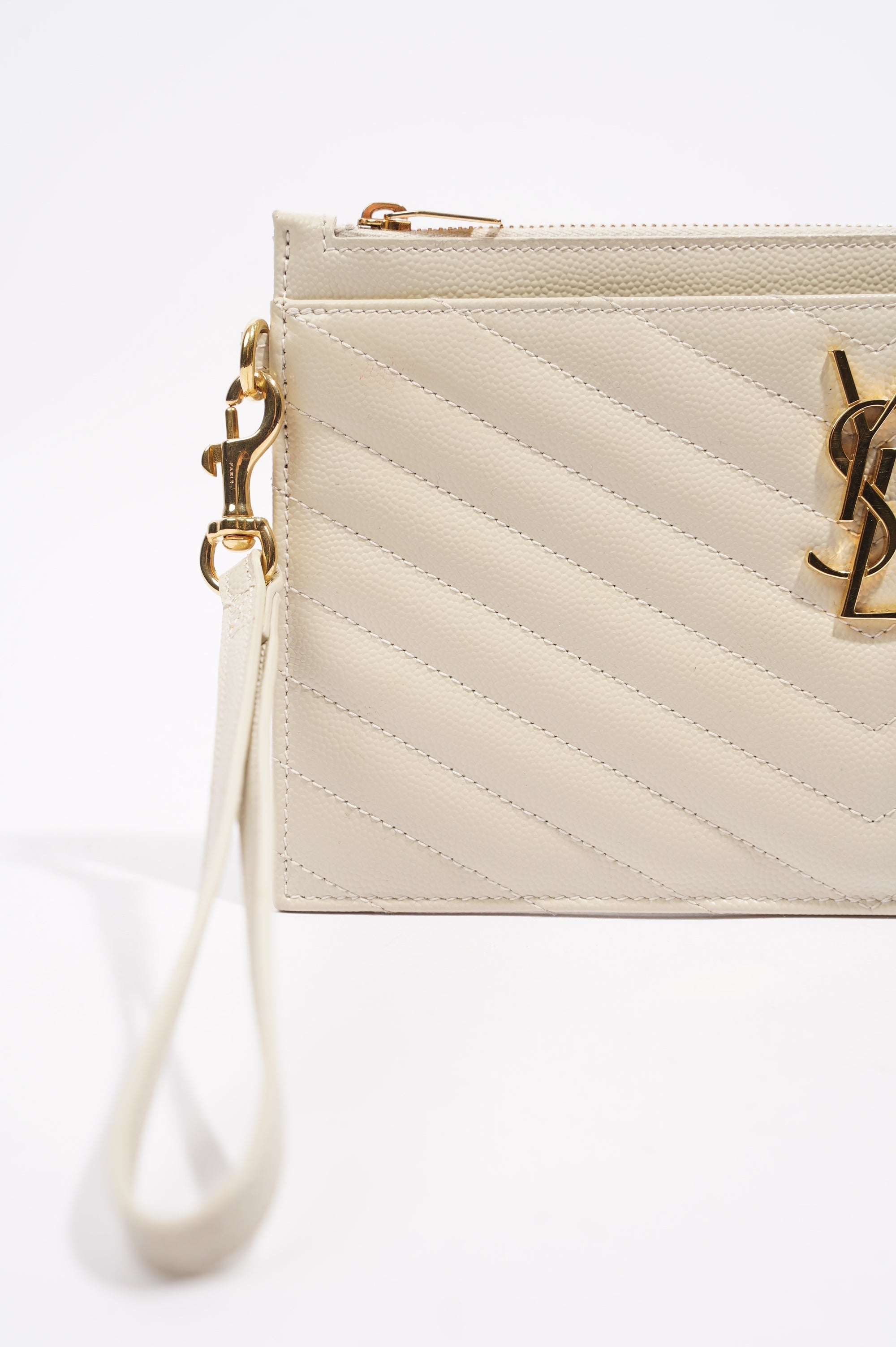 Saint Laurent Cassandre Zipped Pouch Cream Grained Leather