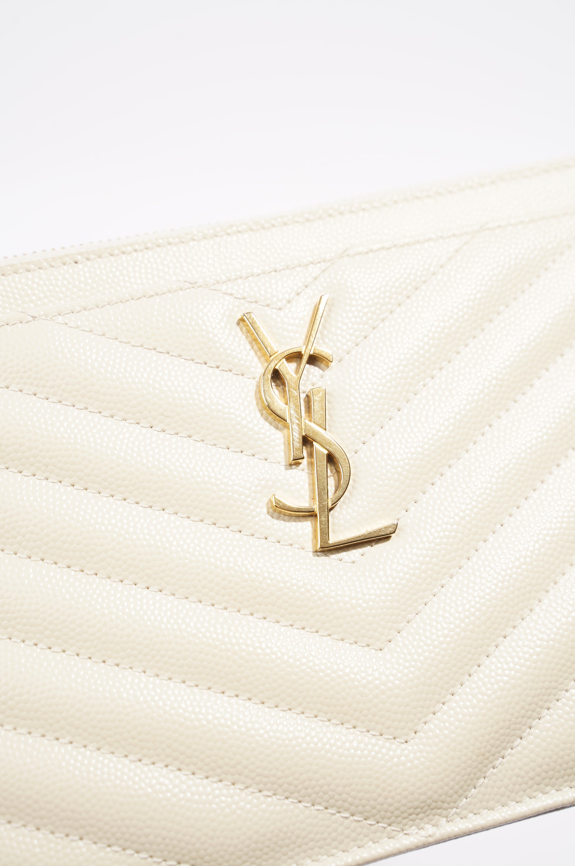 Saint Laurent Cassandre Zipped Pouch Cream Grained Leather
