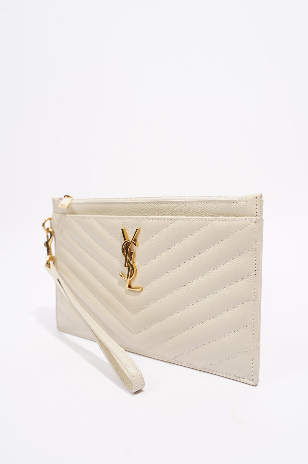 Saint Laurent Cassandre Zipped Pouch Cream Grained Leather