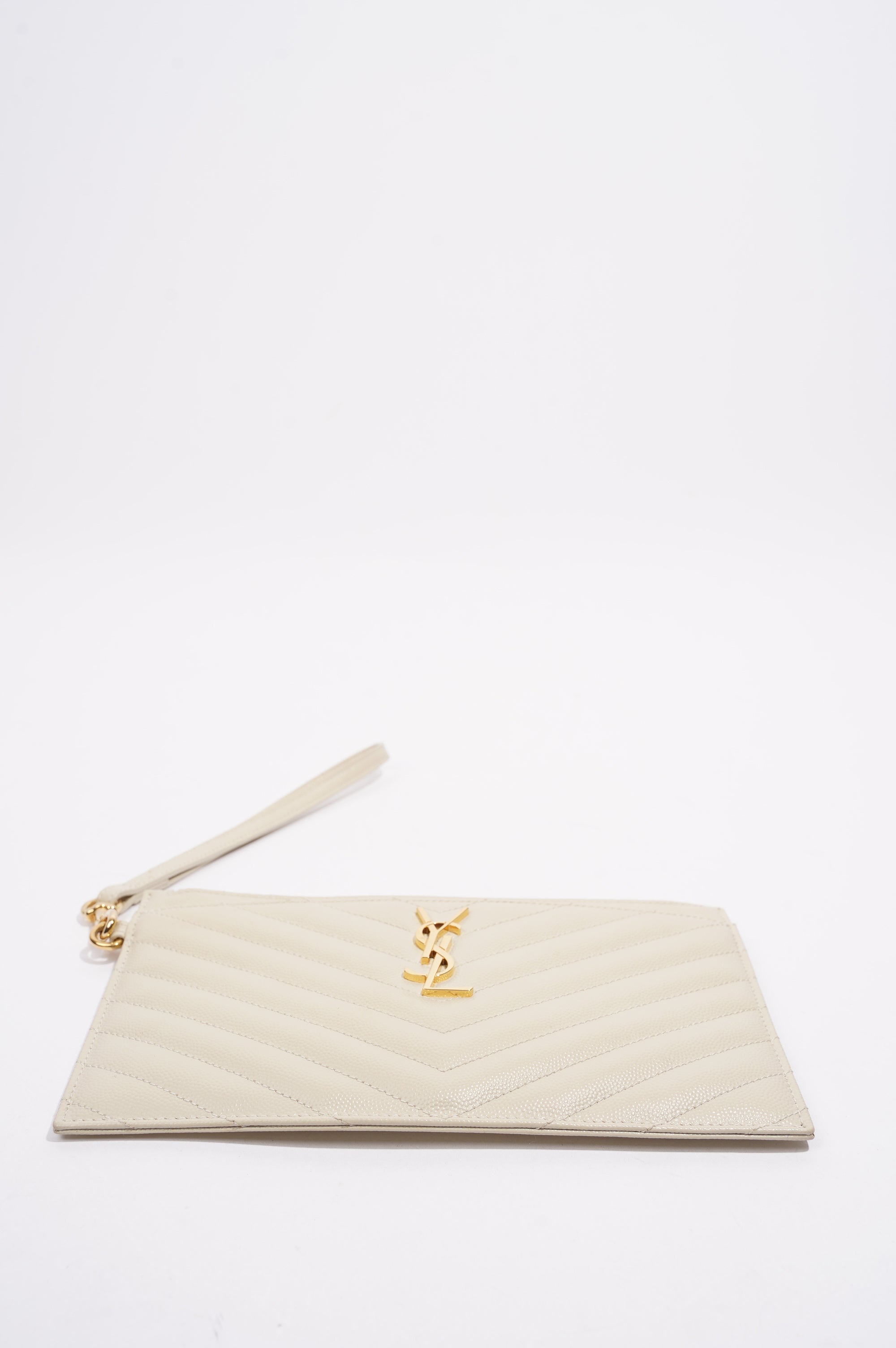 Saint Laurent Cassandre Zipped Pouch Cream Grained Leather