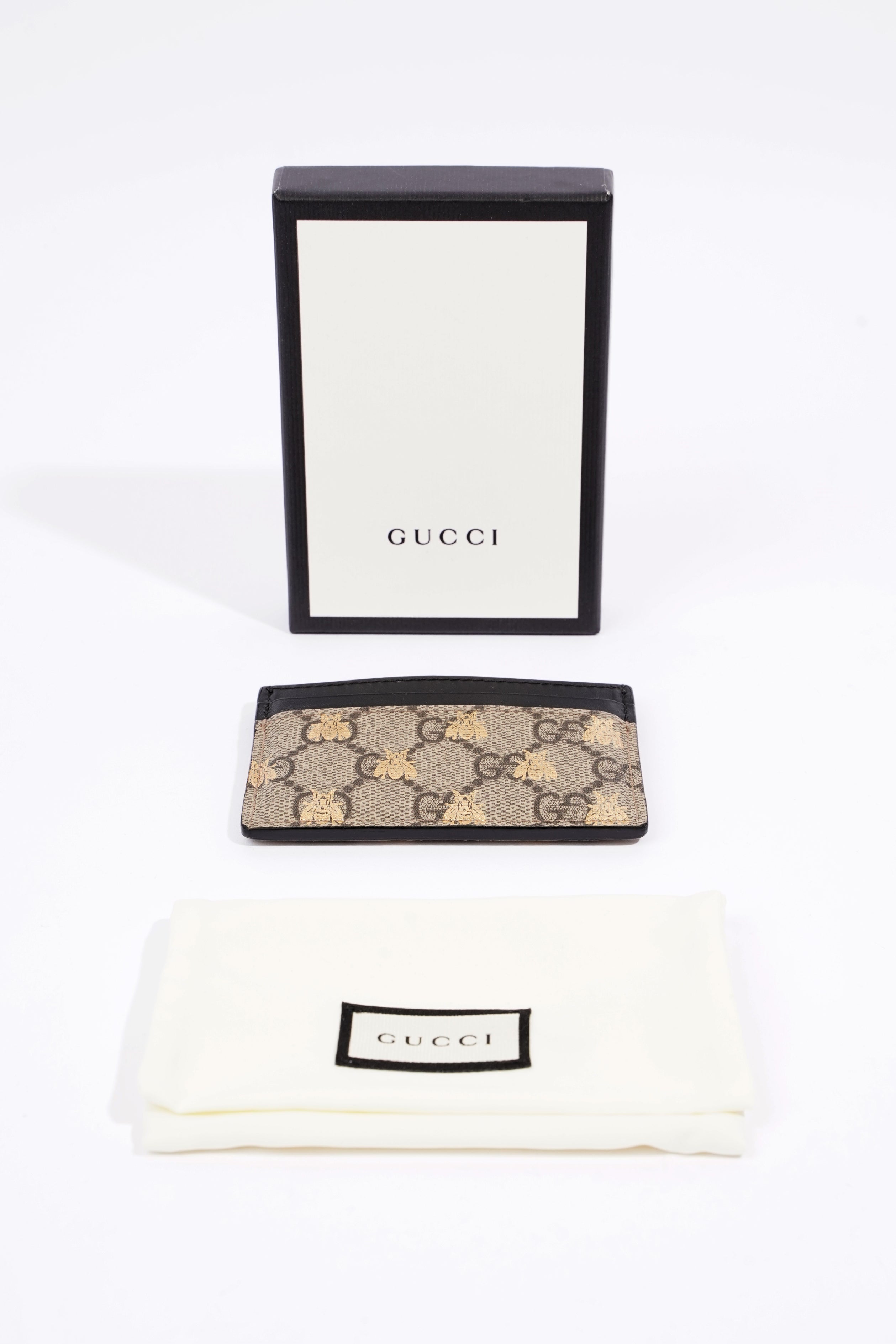 Gucci GG Supreme Bee Card Case Beige / Gold / Black Canvas