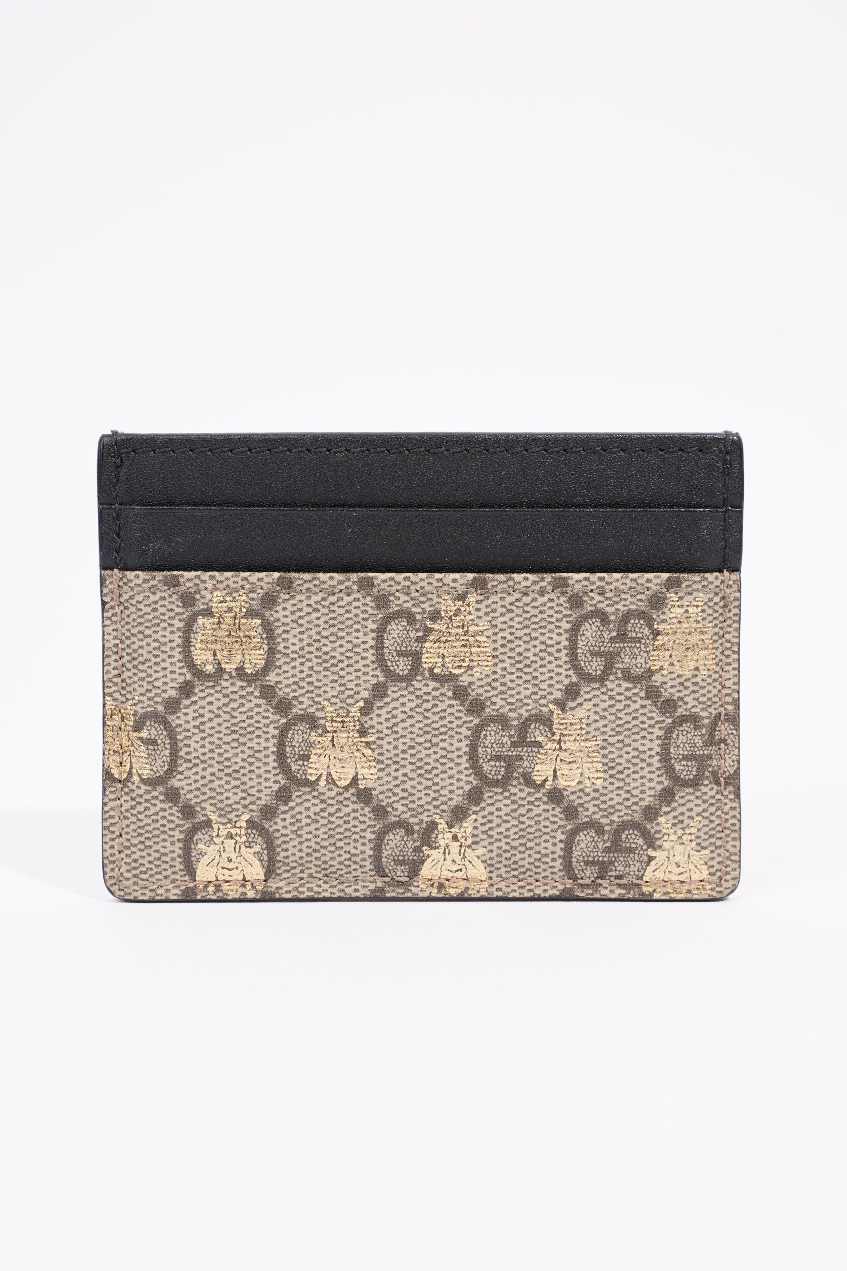 Gucci GG Supreme Bee Card Case Beige / Gold / Black Canvas