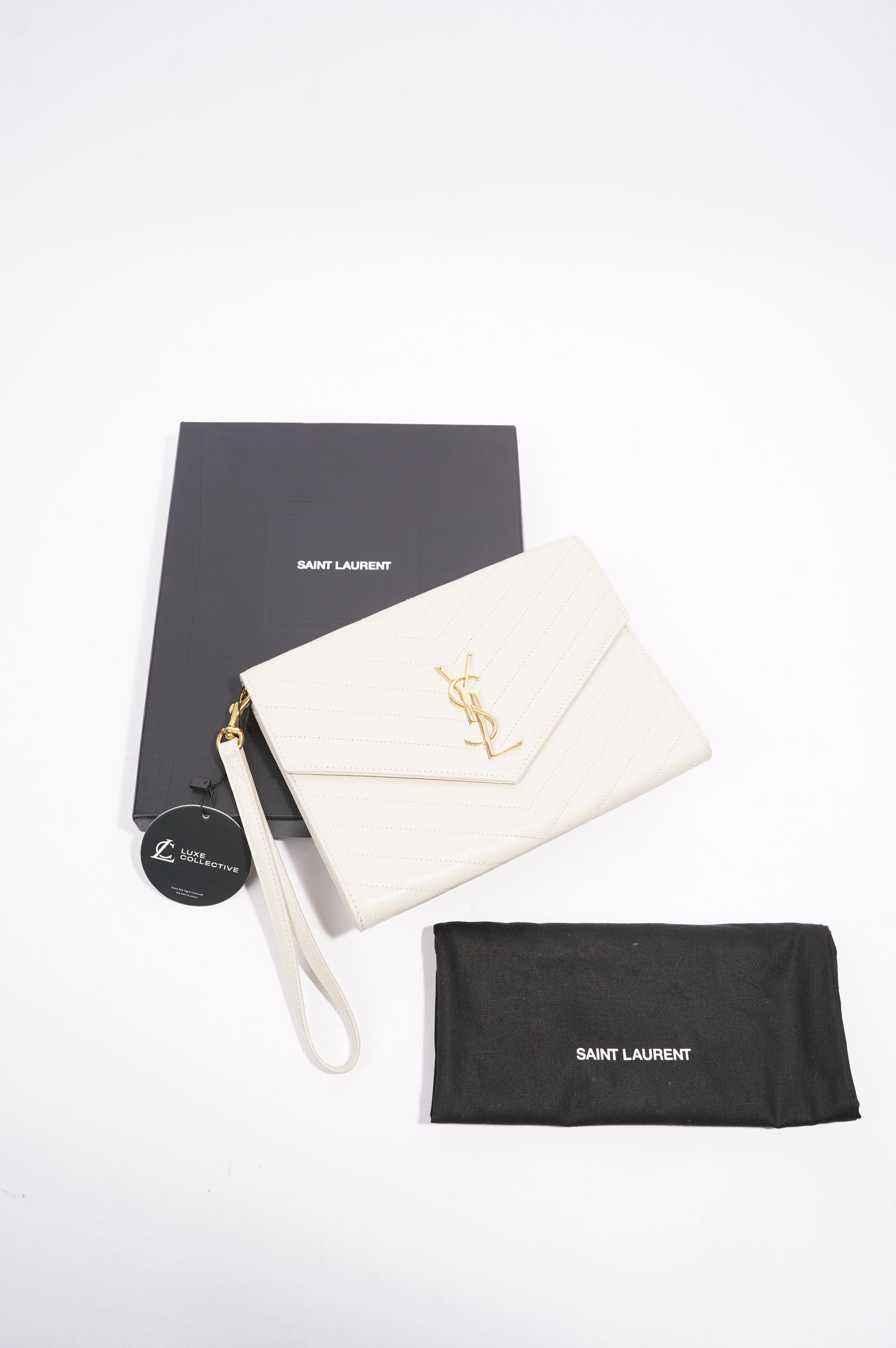 Saint Laurent Cassandre Flap Pouch Cream Leather