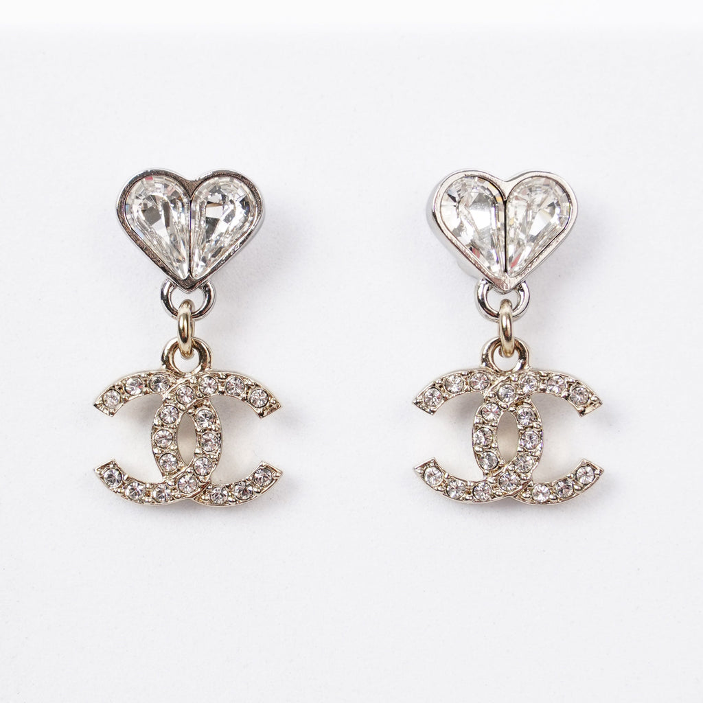 Chanel Heart Drop CC Earrings Gold/Silver Base Metal