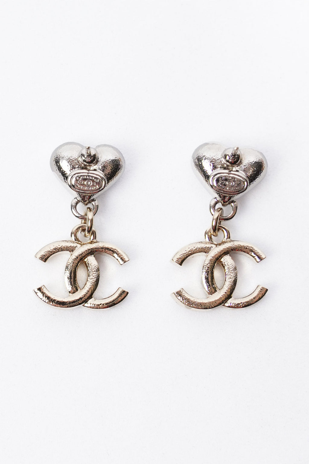 Chanel Heart Drop CC Earrings Gold/Silver Base Metal