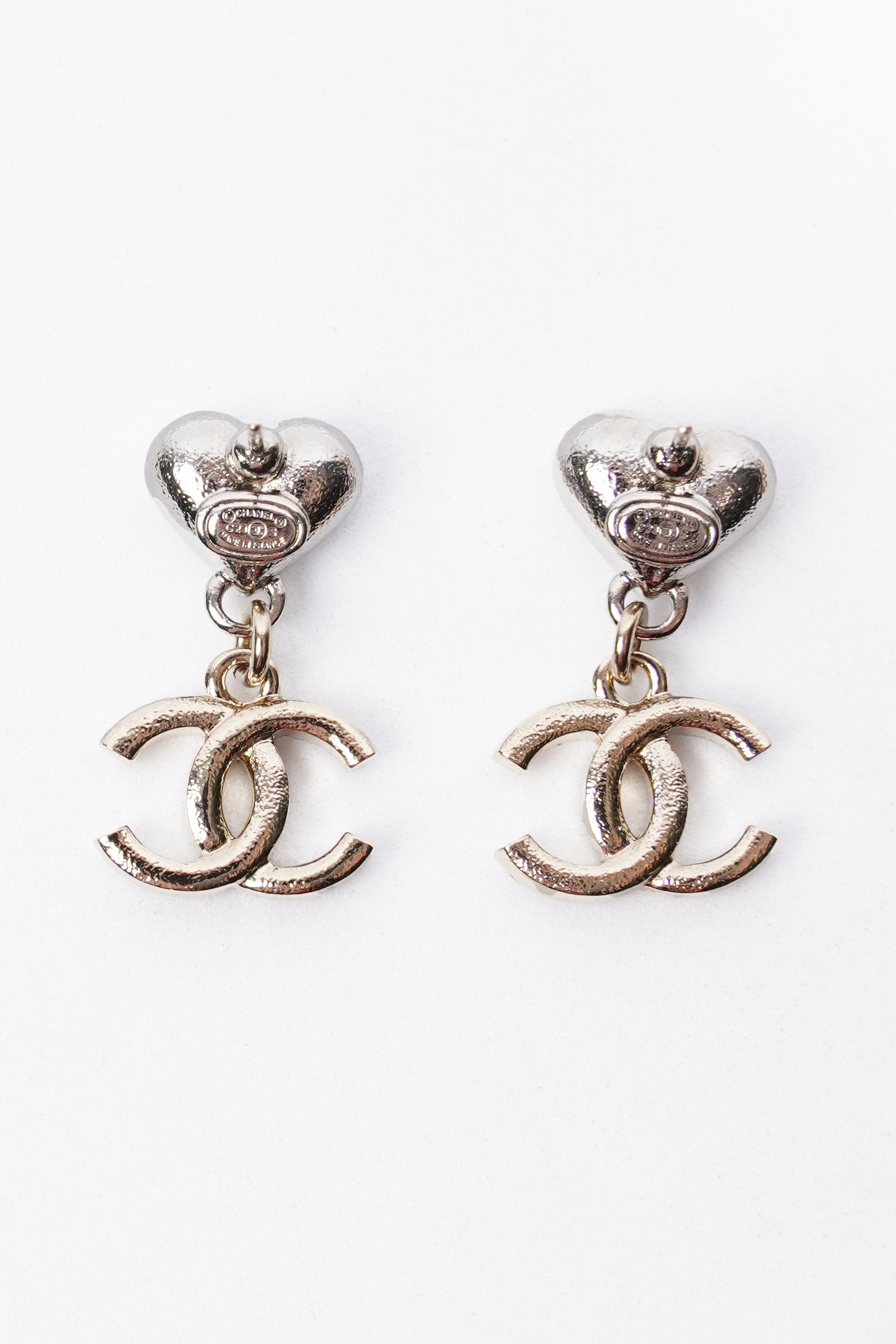 Chanel Heart Drop CC Earrings Gold/Silver Base Metal