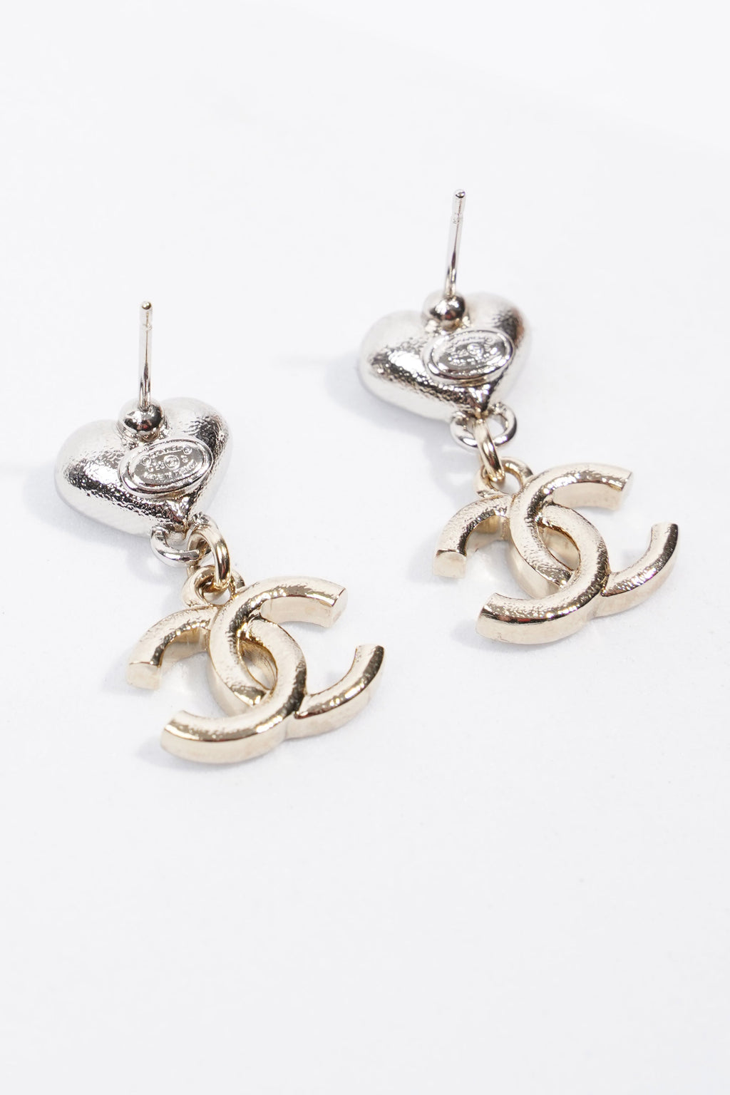 Chanel Heart Drop CC Earrings Gold/Silver Base Metal
