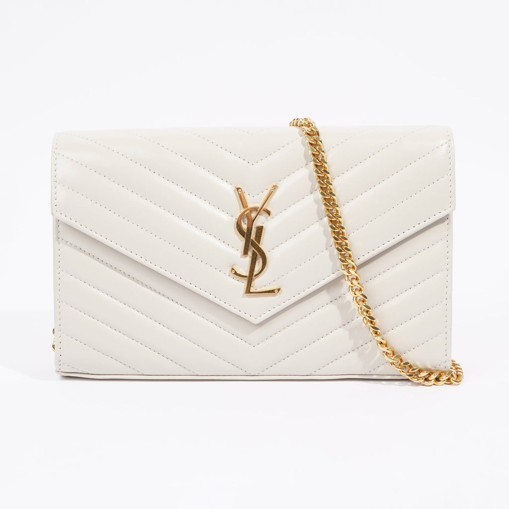 Saint Laurent Cassandre Chain Wallet Cream Calfskin Leather