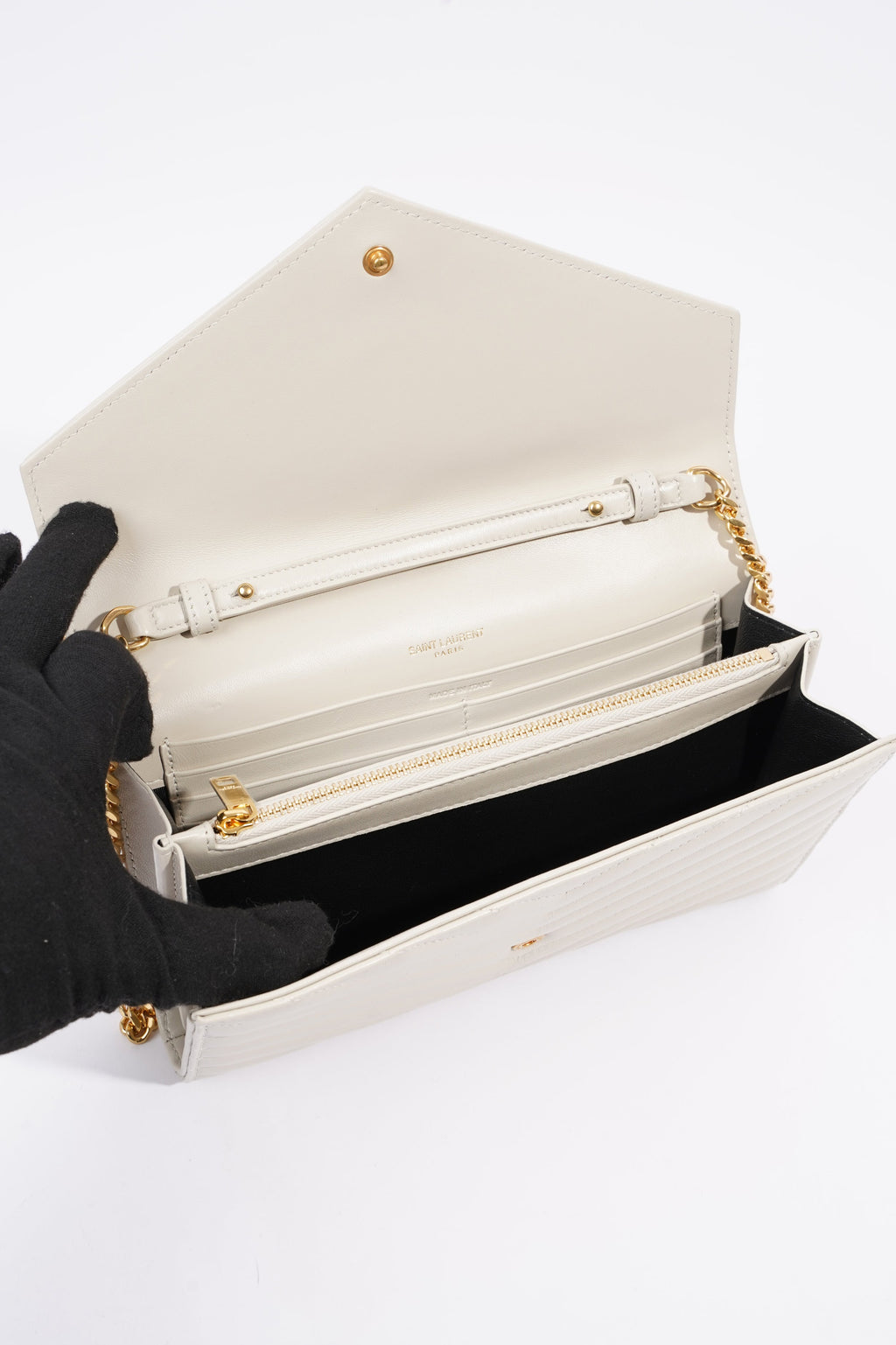 Saint Laurent Cassandre Chain Wallet Cream Calfskin Leather